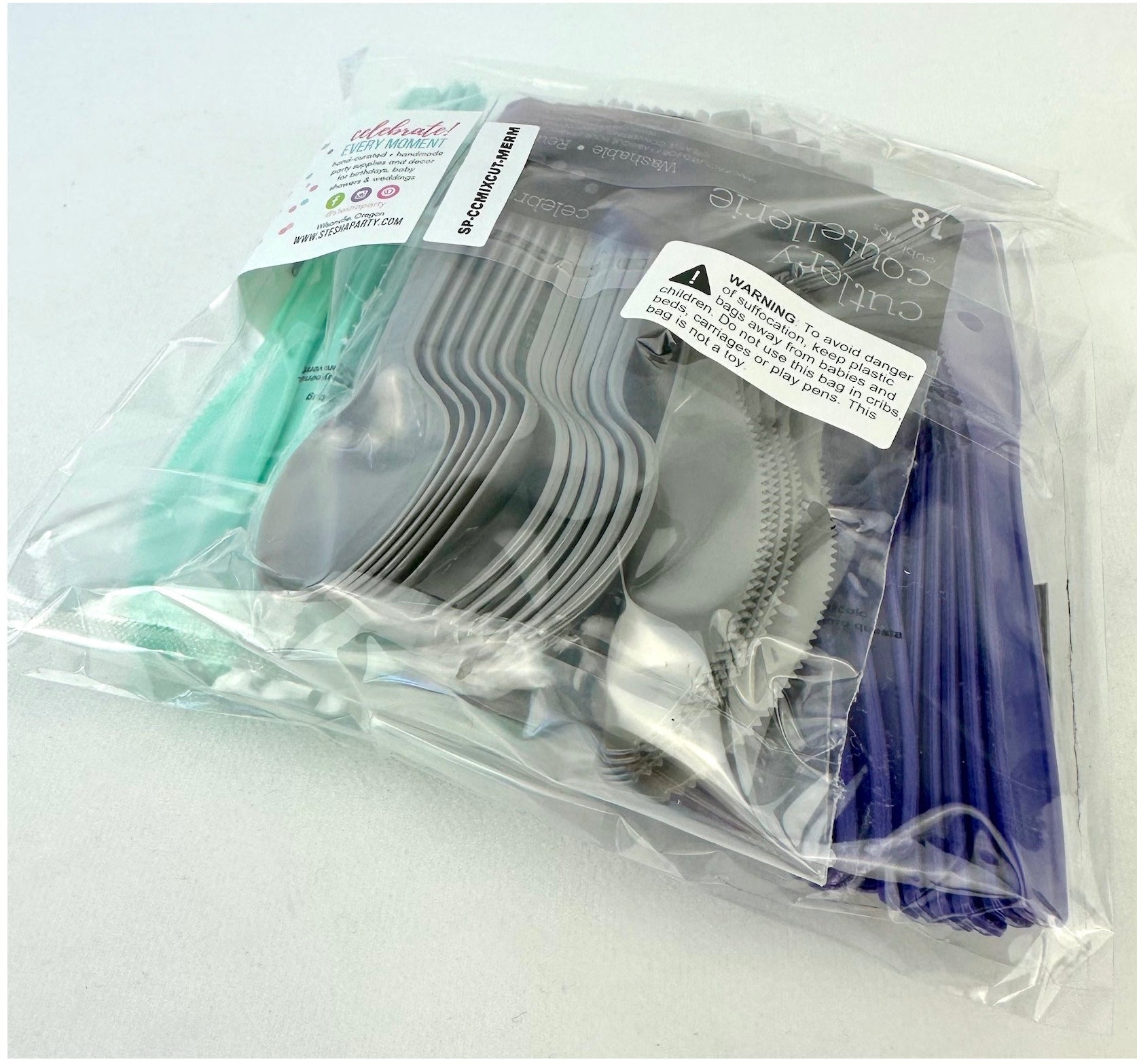 Mint Silver & Purple Plastic Cutlery for 18 - Stesha Party