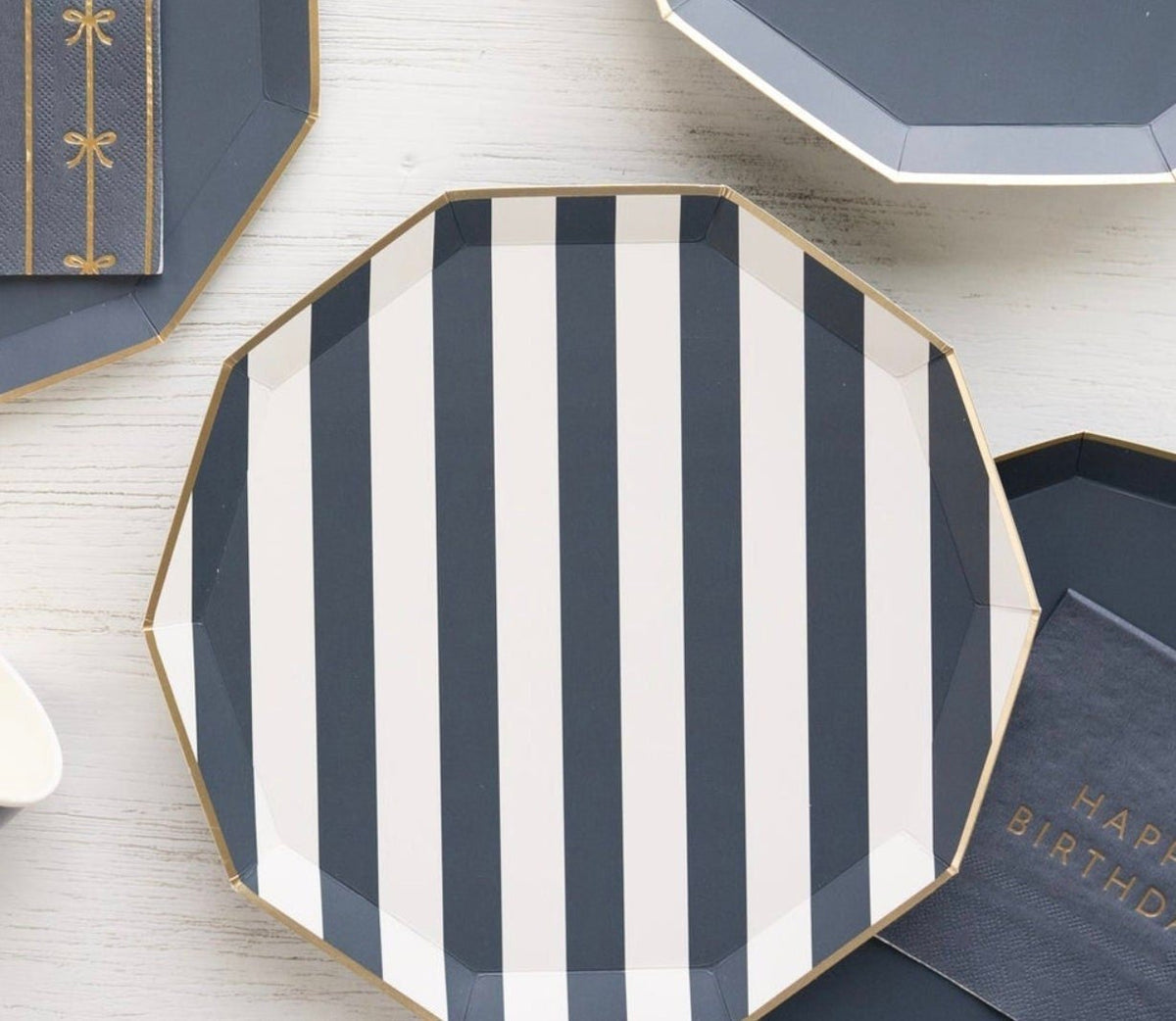 Navy Blue Striped Plates - Stesha Party