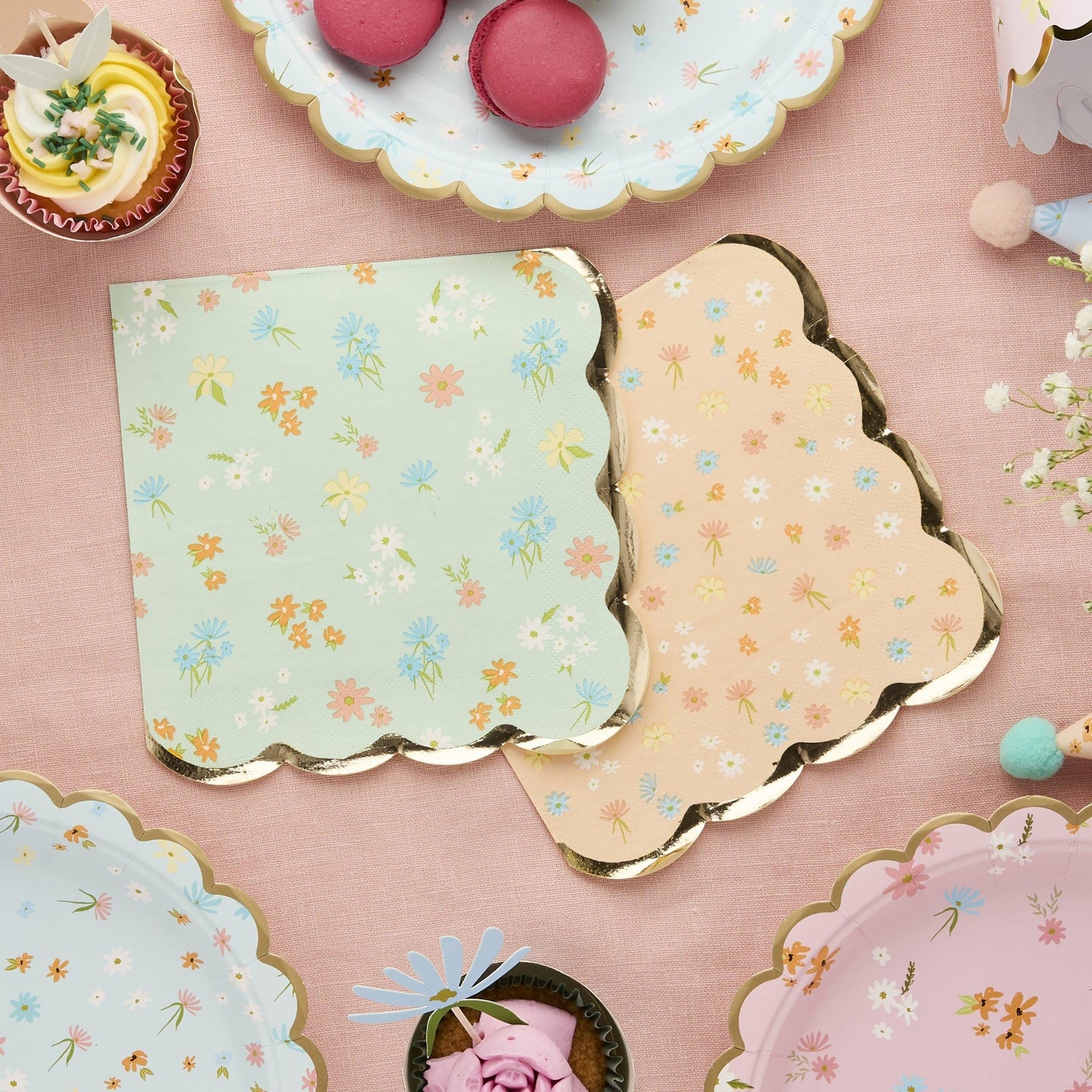 Peach & Mint Floral Scalloped Paper Napkins 16ct - Stesha Party