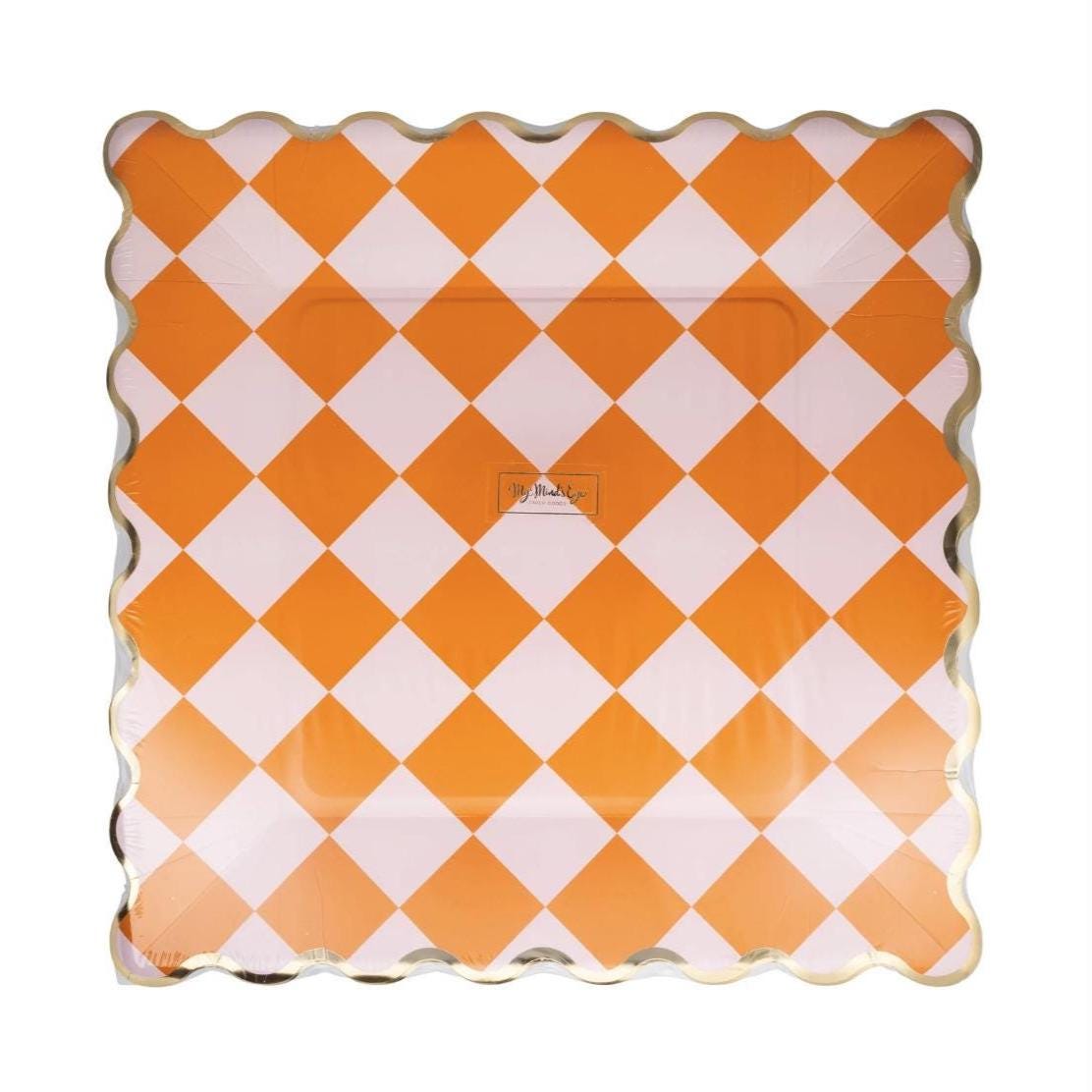 Pink and Orange Checkered Plates 8ct - Stesha Party