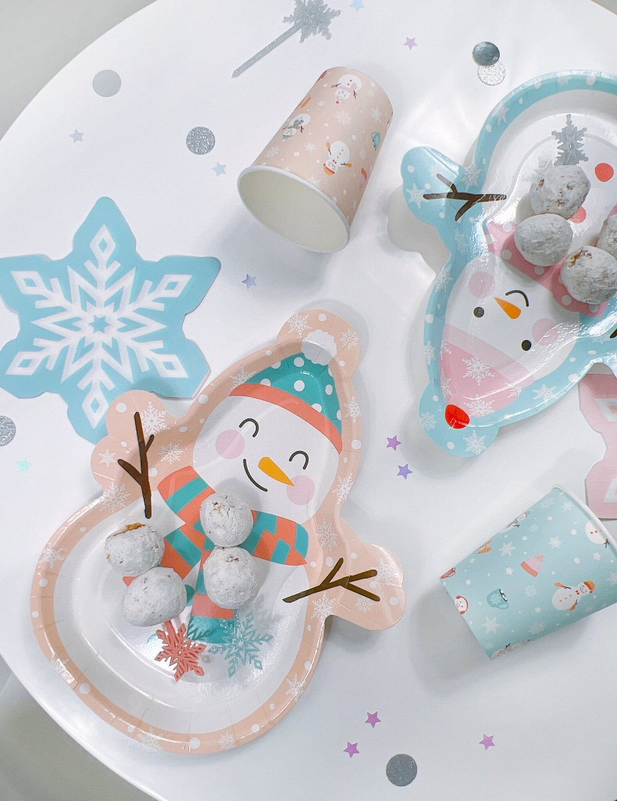 Pink & Blue Snowman Party Cups - Stesha Party