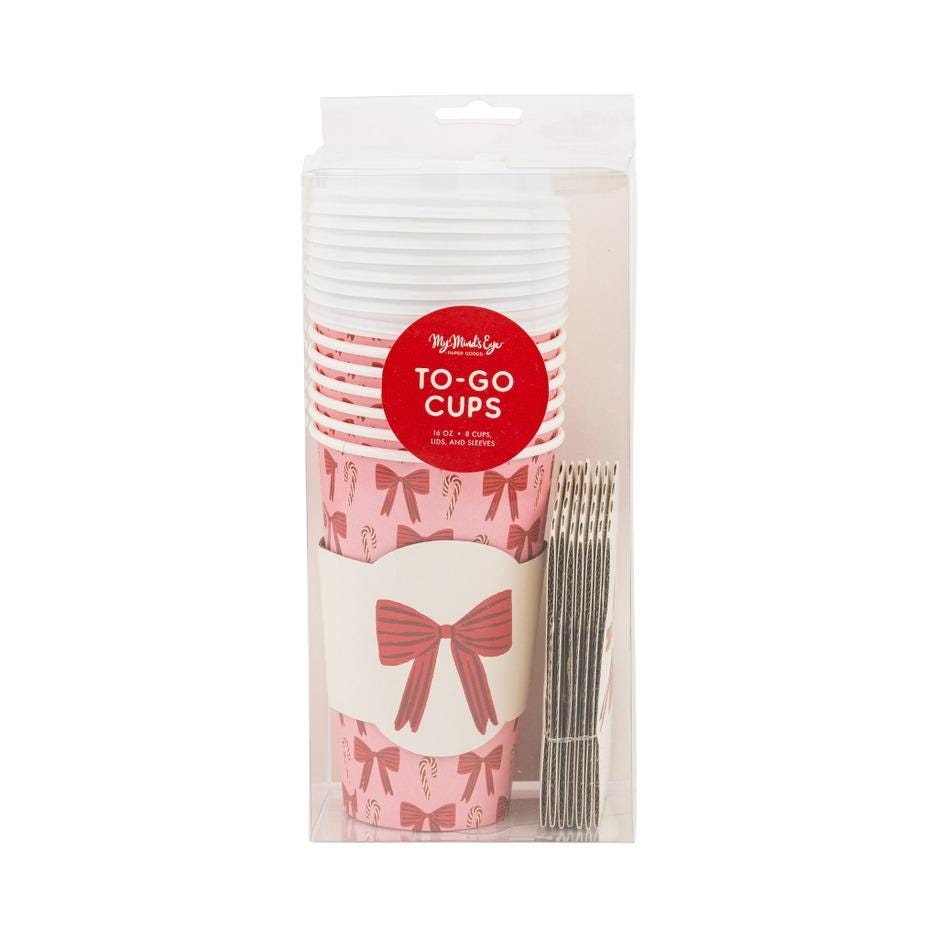 Pink Bow & Candy Cane Christmas To Go Cups 16oz - Stesha Party