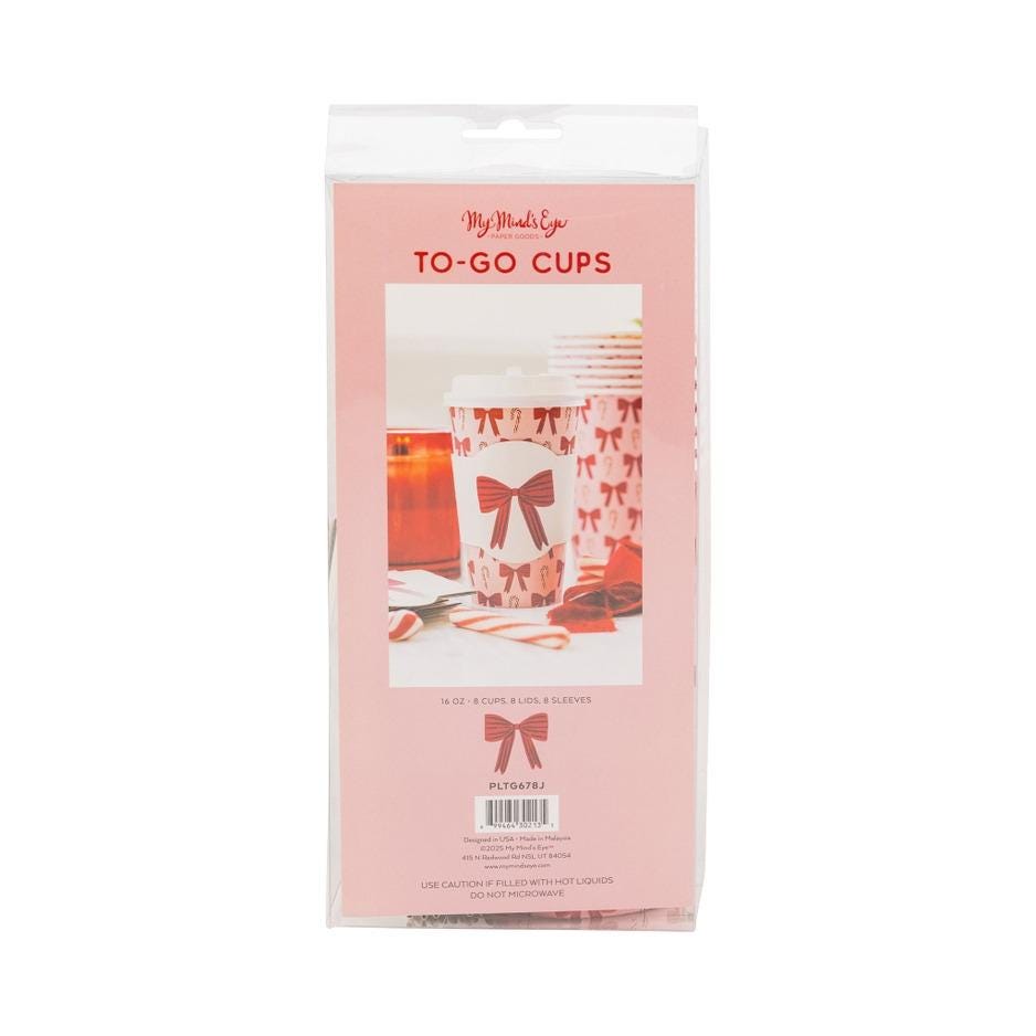 Pink Bow & Candy Cane Christmas To Go Cups 16oz - Stesha Party