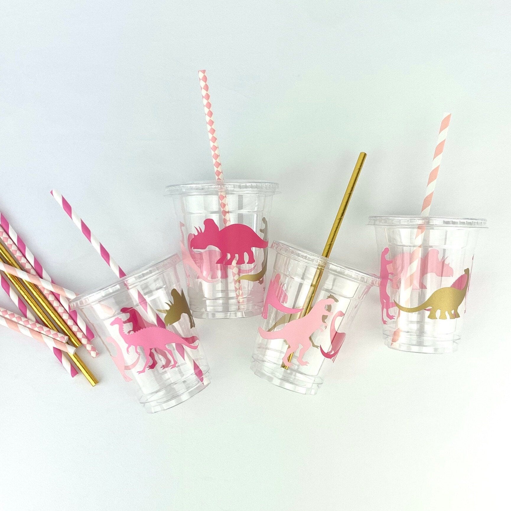 Pink Dinosaur Party Plastic Cups with Lids & Straws - Stesha Party
