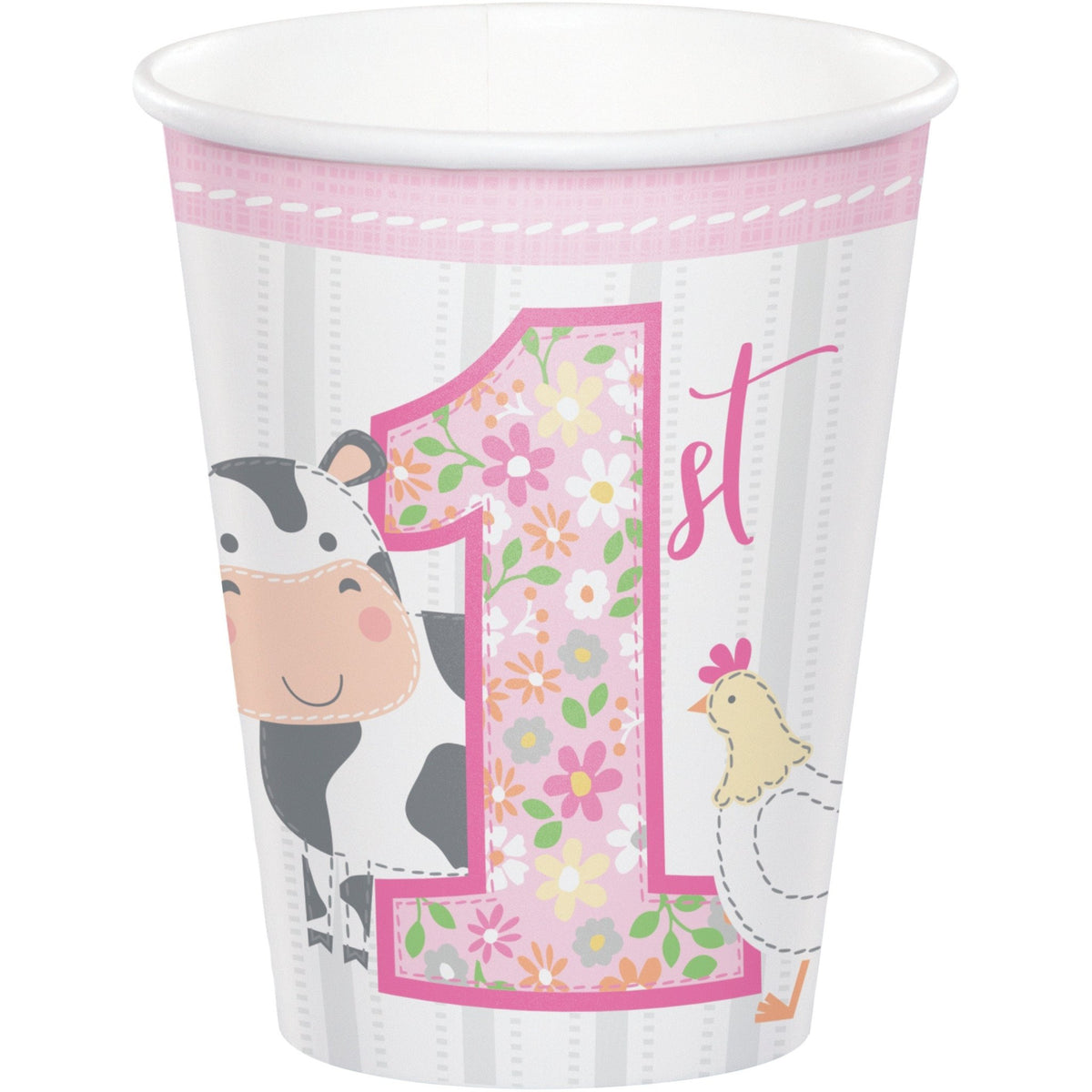 Pink Farm First Birthday Party Paper Cups 8ct - Stesha Party