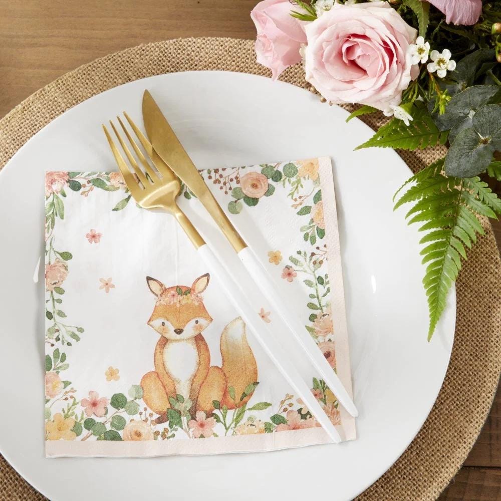 Pink Floral Fox & Hedgehog Napkins 30ct - Stesha Party