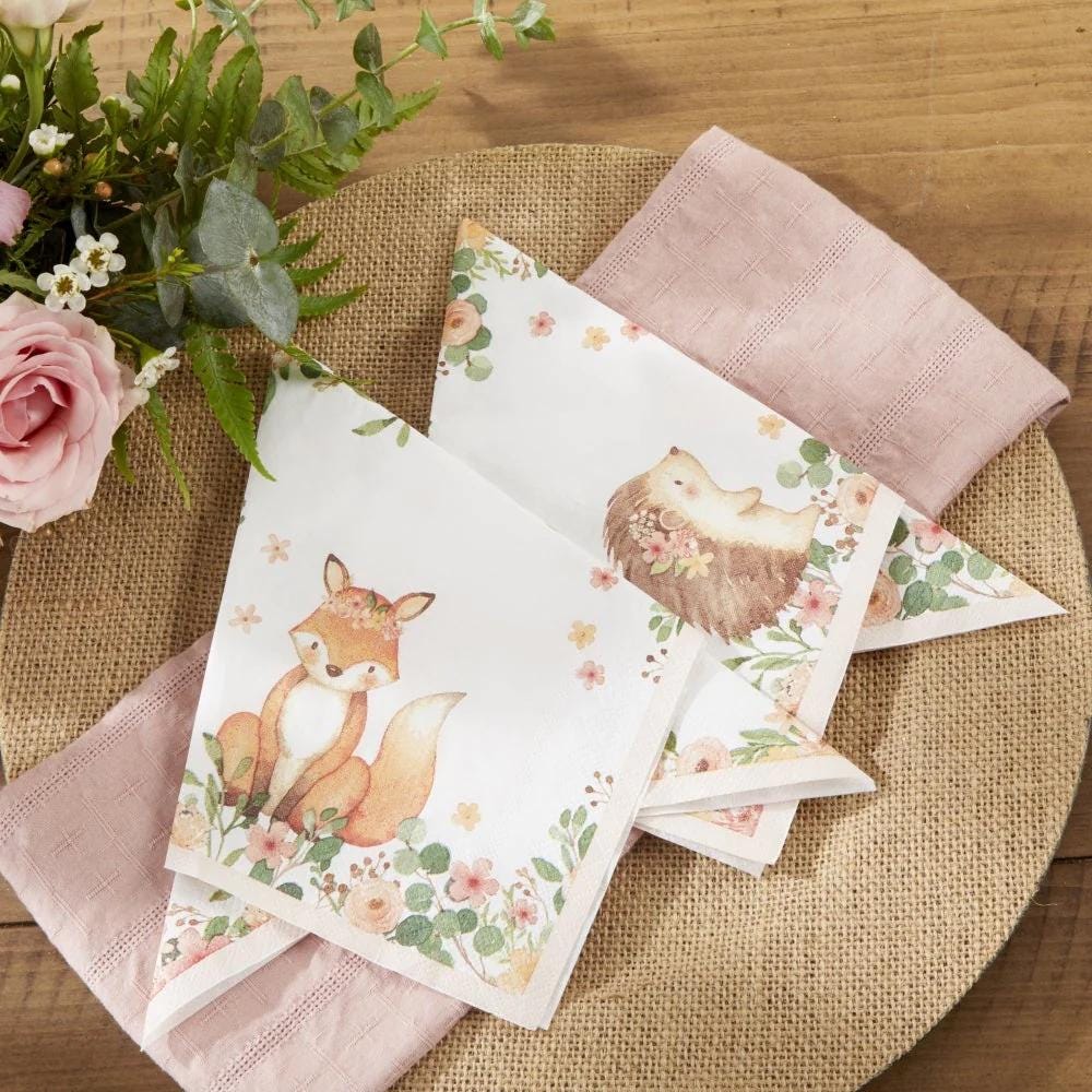 Pink Floral Fox & Hedgehog Napkins 30ct - Stesha Party