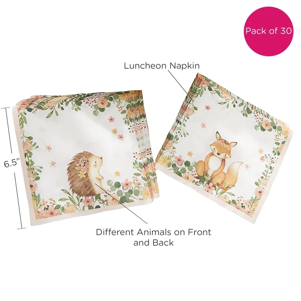 Pink Floral Fox & Hedgehog Napkins 30ct - Stesha Party