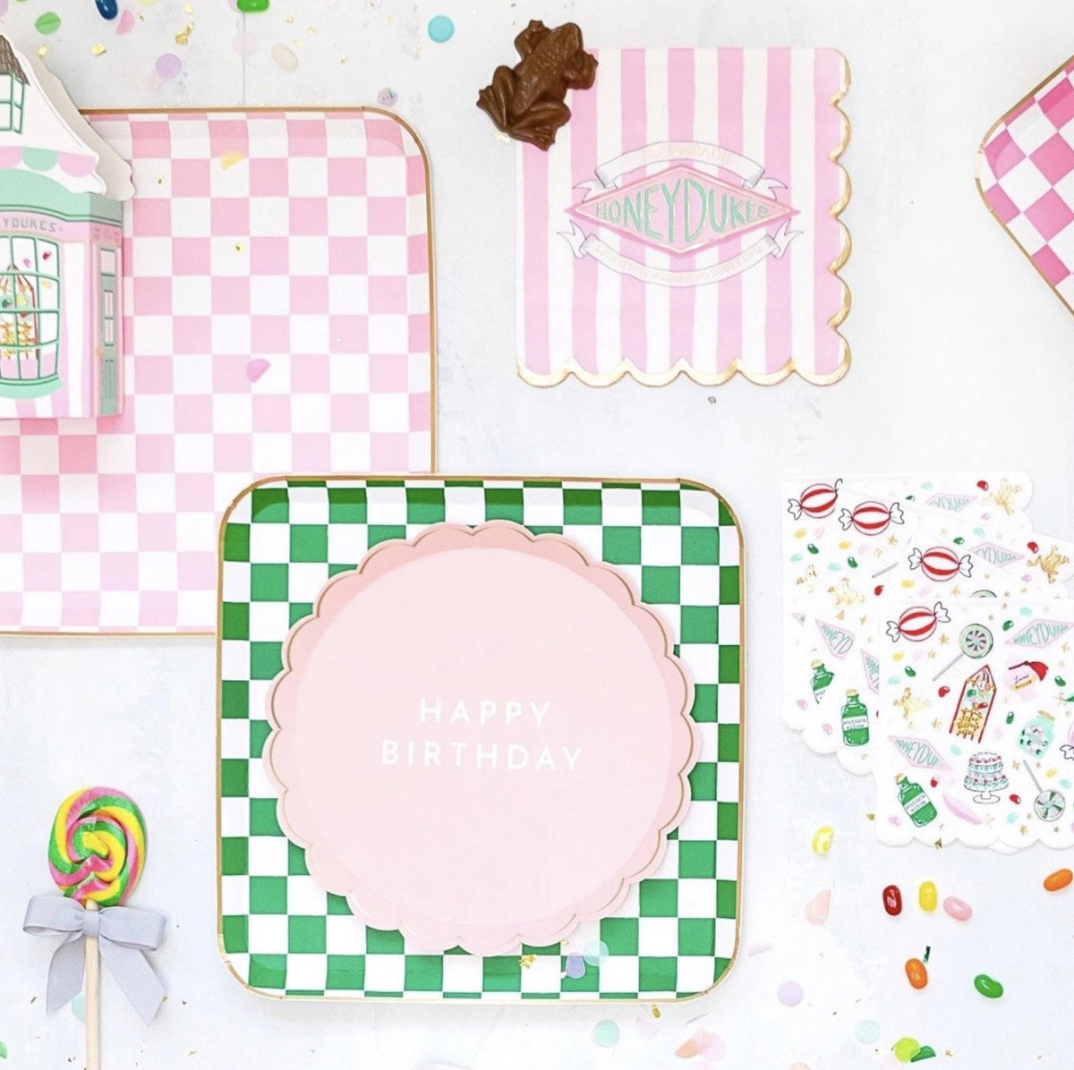 Pink & Green Square Checkered Paper Plates 8ct - Stesha Party