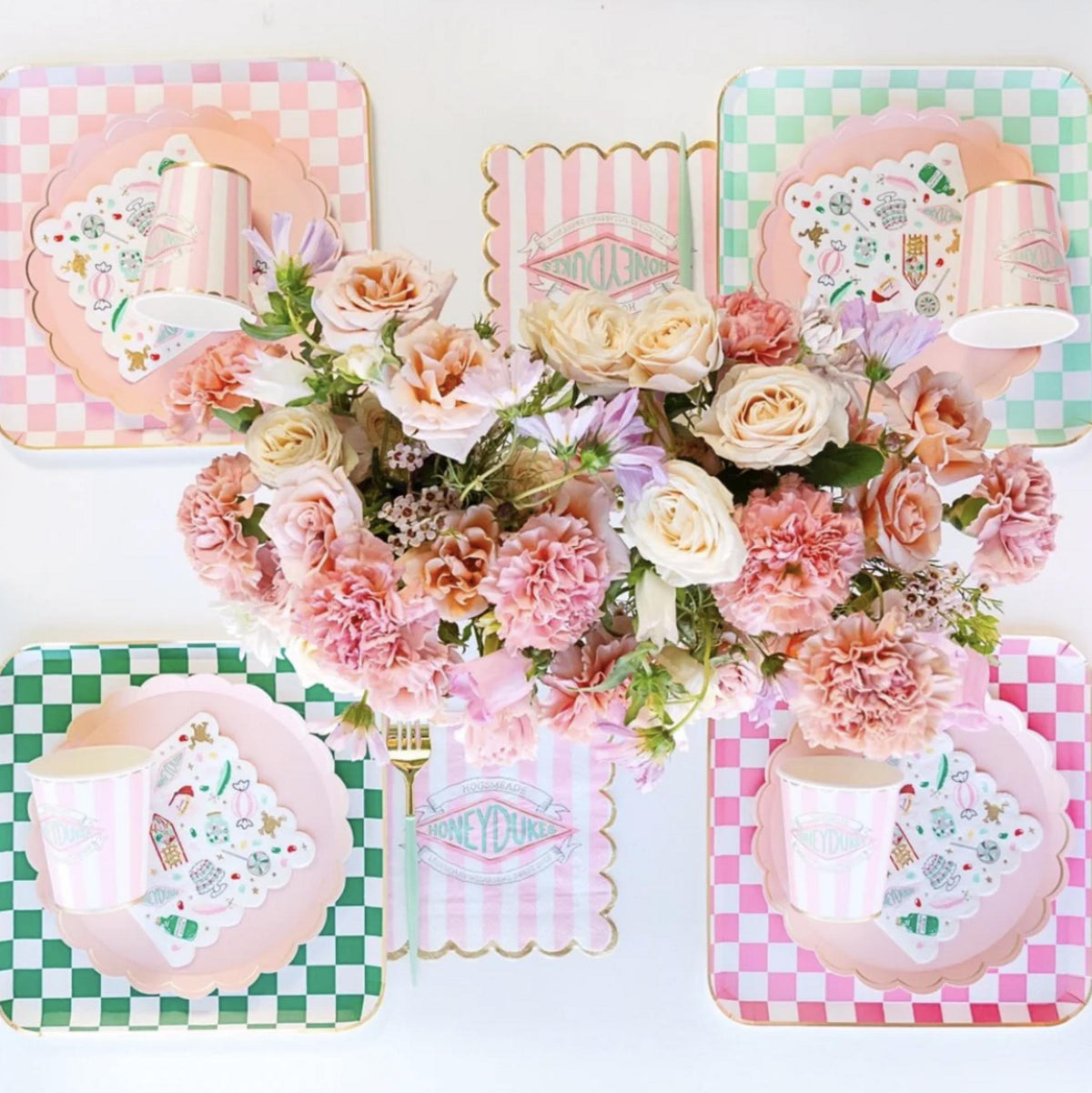 Pink & Green Square Checkered Paper Plates 8ct - Stesha Party
