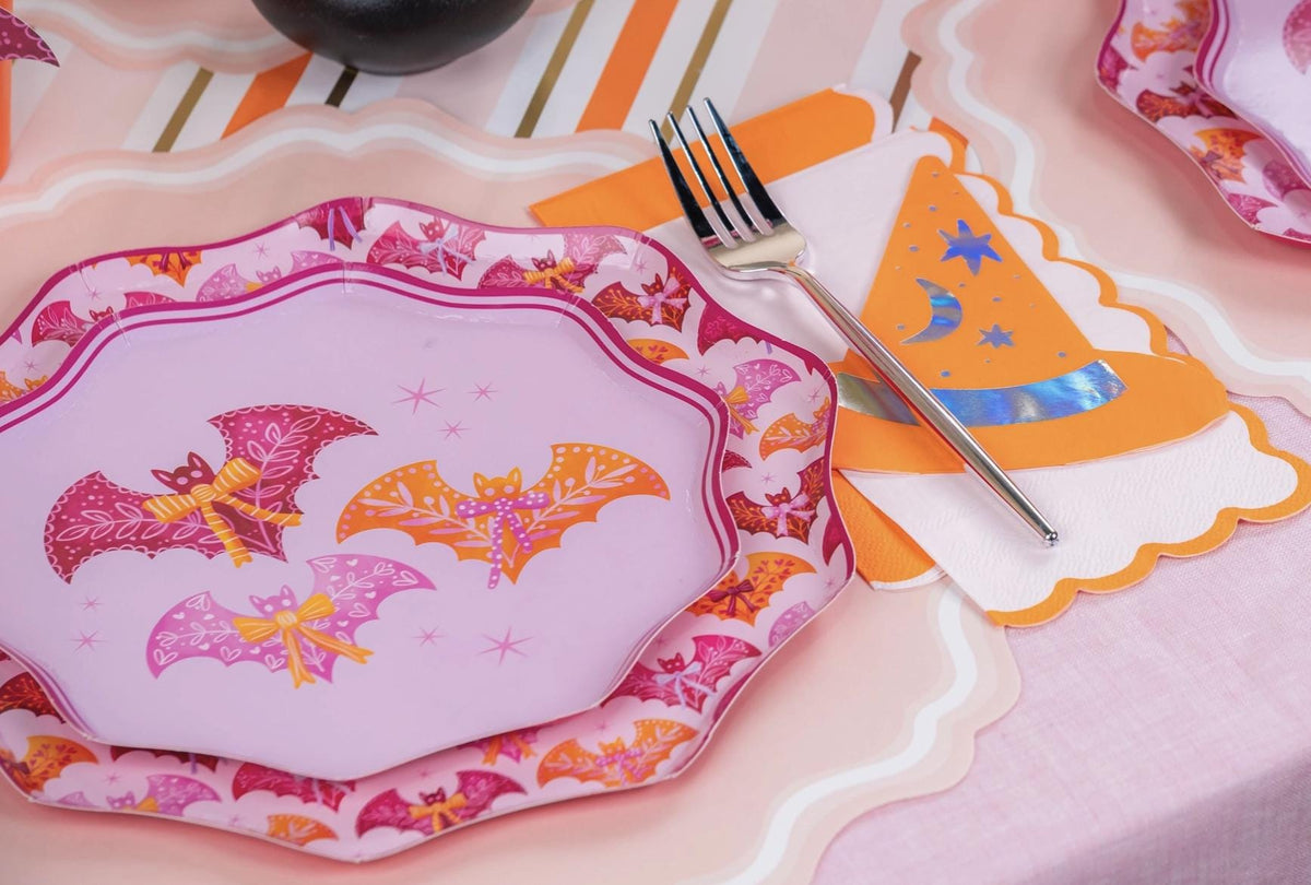 Pink Halloween Bats & Bows Dinner Plates - Stesha Party
