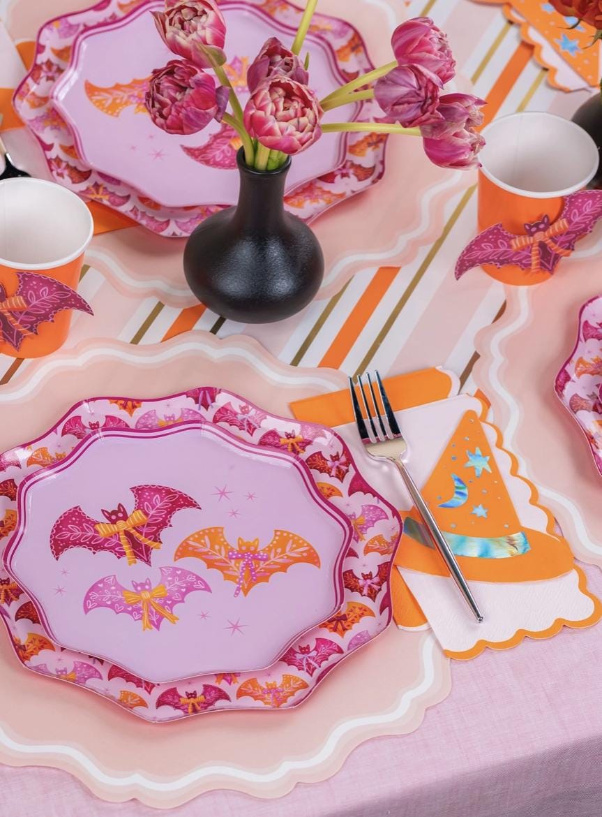 Pink Halloween Bats & Bows Dinner Plates - Stesha Party