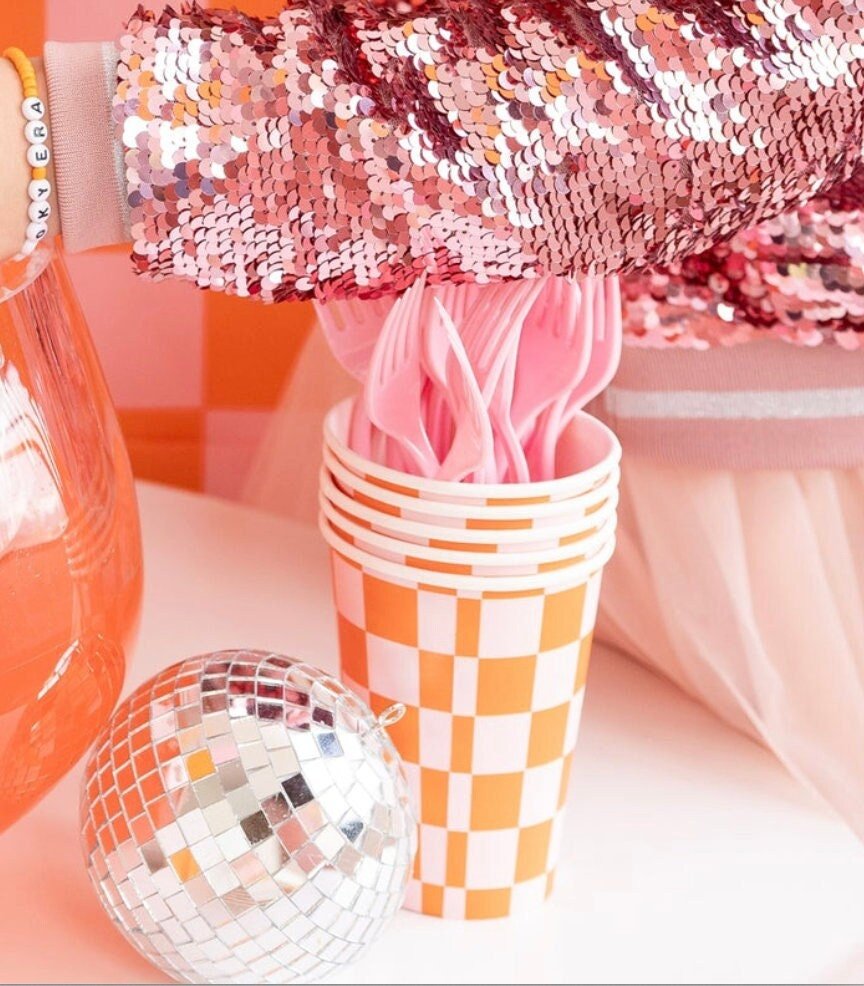 Pink & Orange Checkered Cups - Stesha Party
