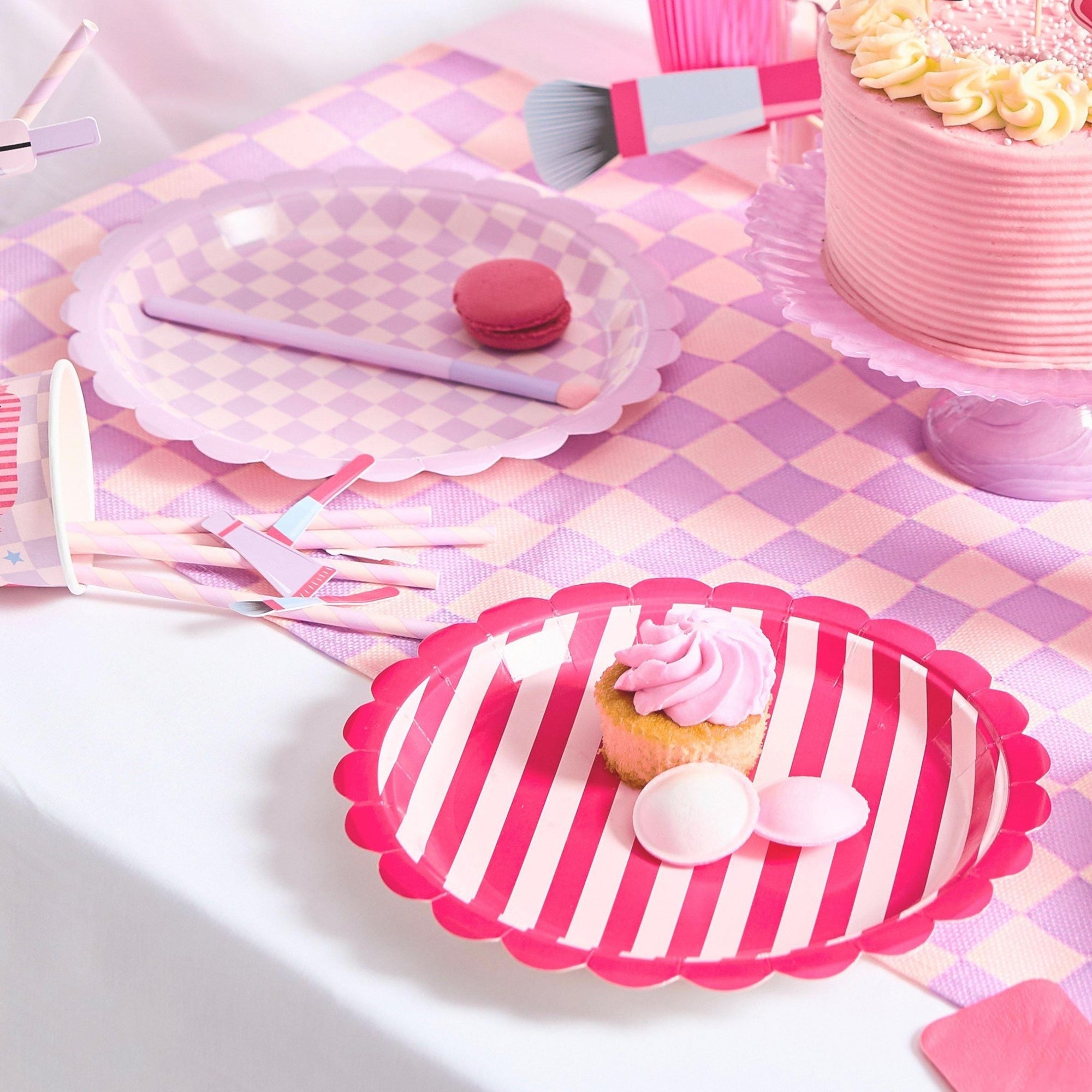 Pink Stripe & Lavender Checkered Plates 8ct - Stesha Party