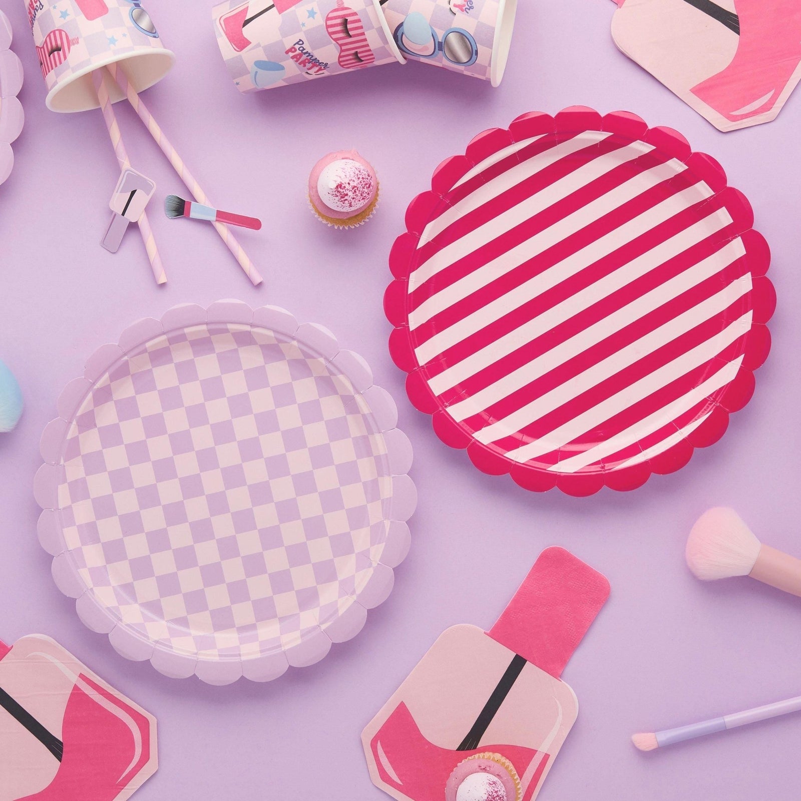 Pink Stripe & Lavender Checkered Plates 8ct - Stesha Party