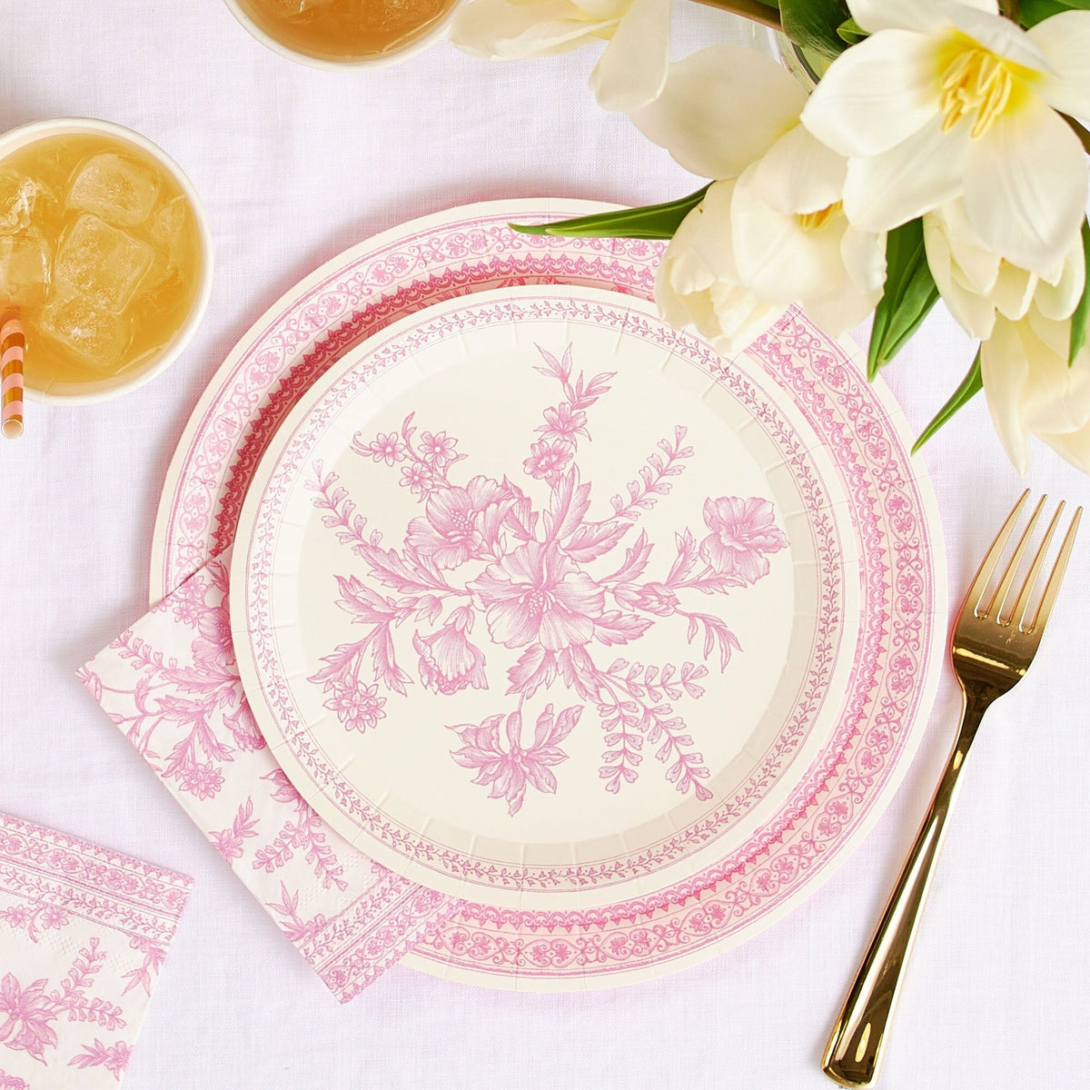 Pink Toile Paper Dinner Plates - Stesha Party