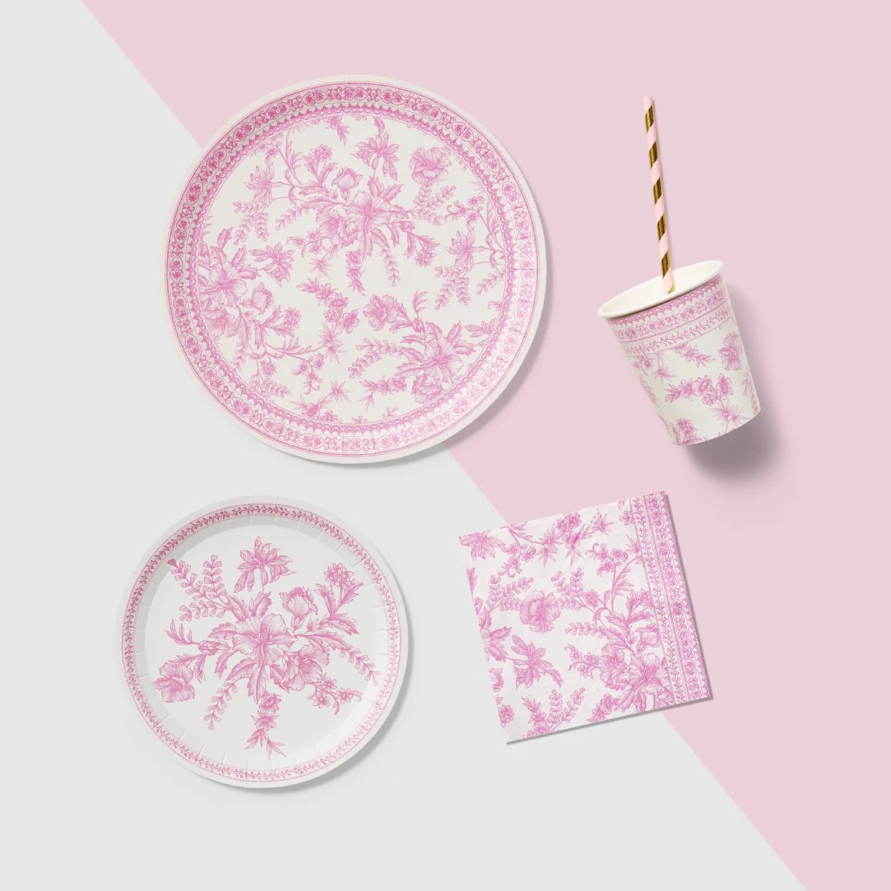 Pink Toile Paper Dinner Plates - Stesha Party