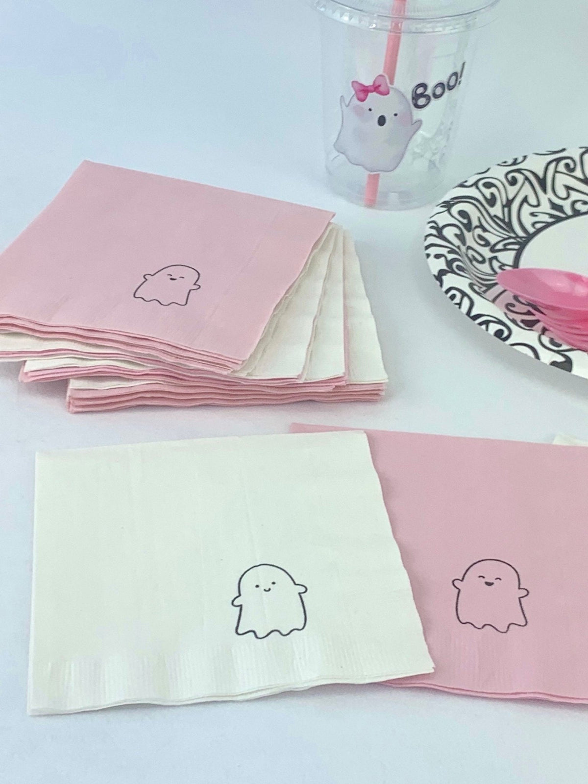 Pink & White Ghost Party Napkins 24ct - Stesha Party