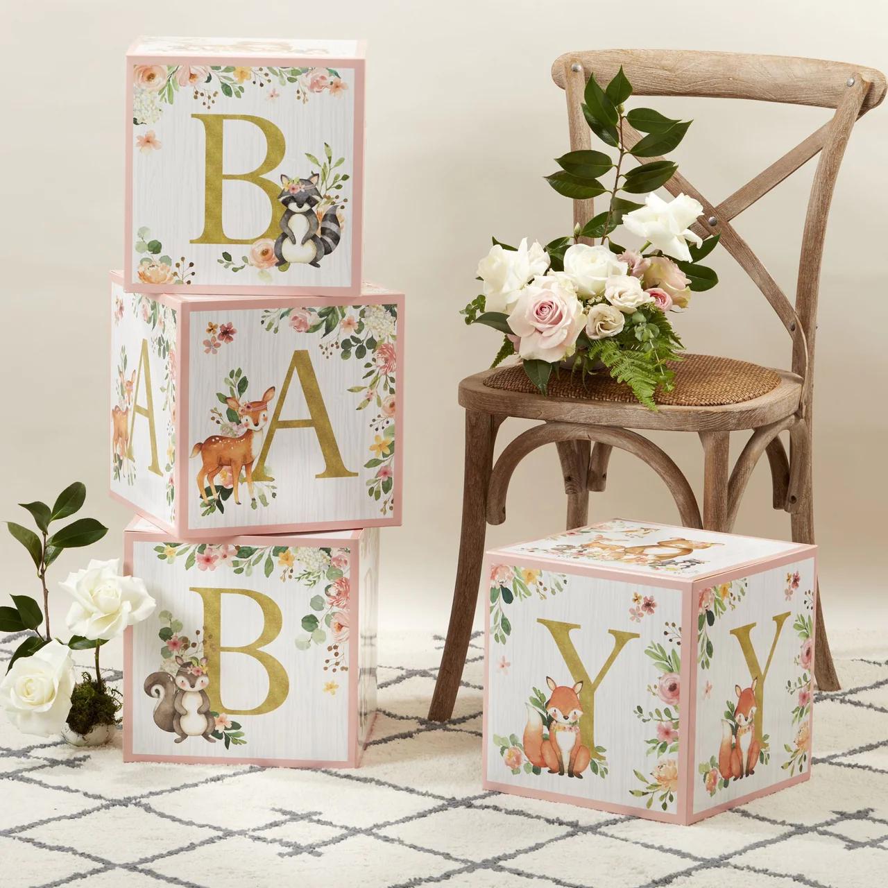 Pink Woodland Baby Block Boxes 4ct - Stesha Party
