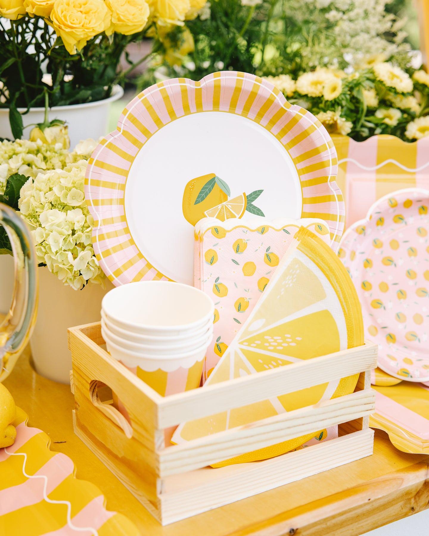 Pink Yellow Stripe Lemon Plates 8ct - Stesha Party