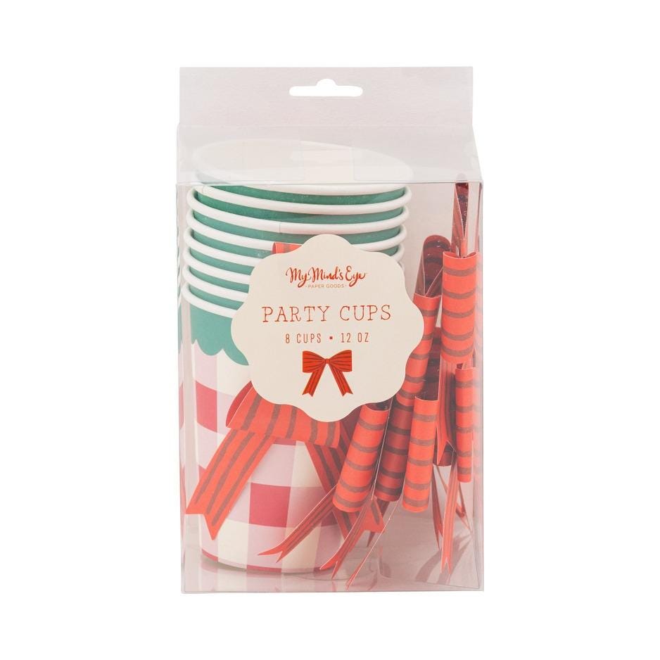 Plaid Christmas Party Cups with Paper Bows - Stesha Party