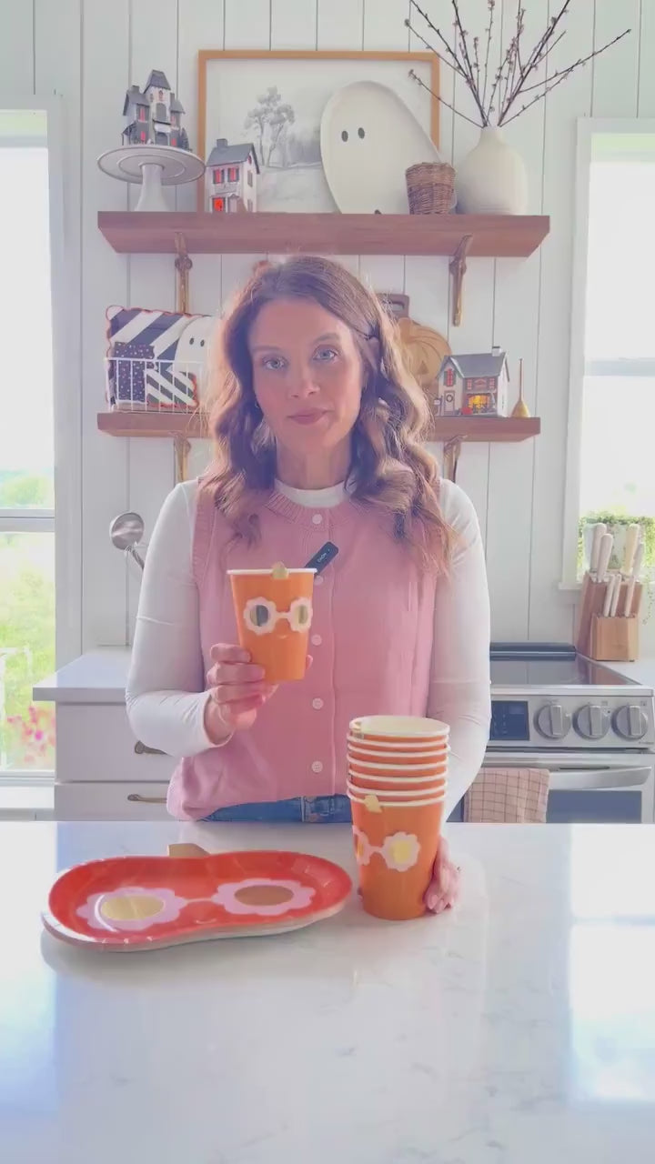 Groovy Pumpkin Party Cups 8ct | 12oz Halloween Paper Cups with Retro Pumpkin Design | Fall Party Drinkware