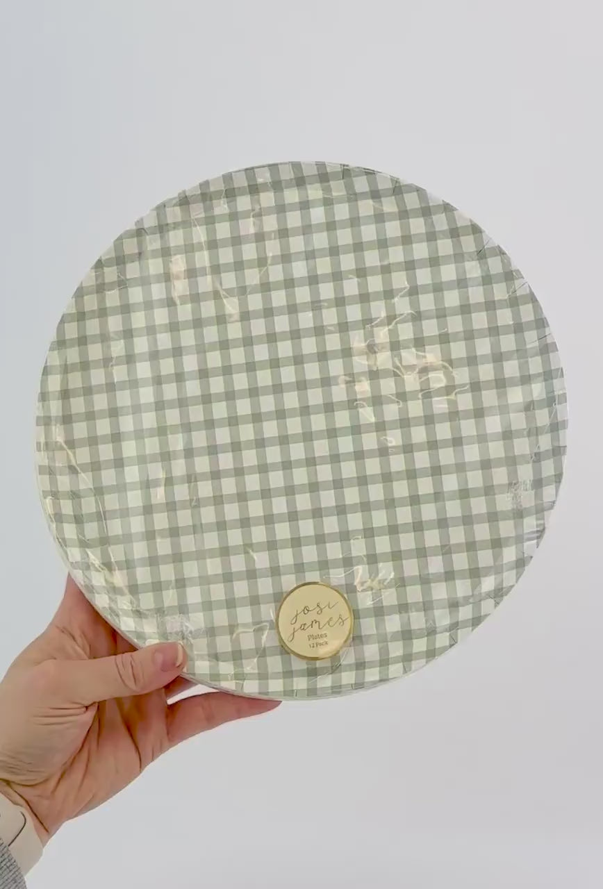 Sage Green Gingham Plates 12ct - Large Paper Plates, Birthday Plates, Wedding Plates, Paper Dinner Plates, Boy Birthday Party Tableware