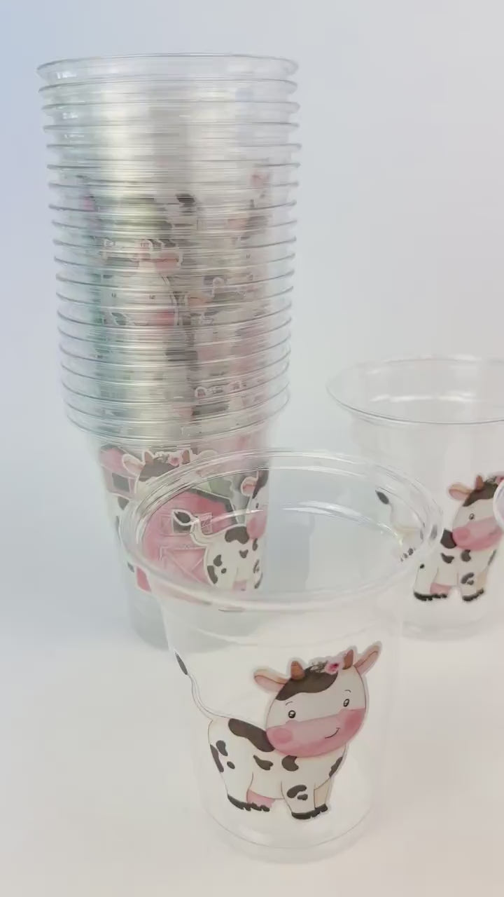 Pink Barn Cow Party Cups 24ct – 12oz Plastic Cups Farm Girl Birthday Floral Cow Baby Shower First Rodeo Decoration Barnyard Theme Favors
