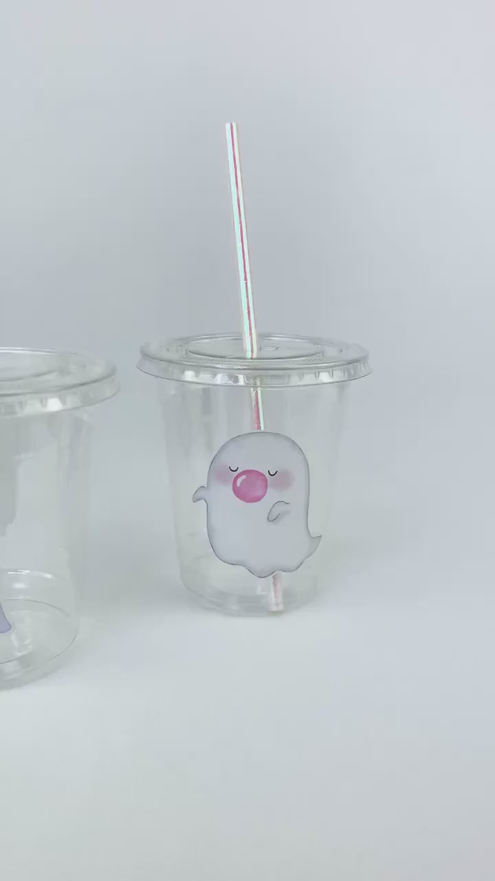 Pink Ghost Party Cups - Groovy Ghost Halloween Party Supplies, Disposable Plastic Cups with Lids & Straws, Spooky Era Party, Boo Birthday