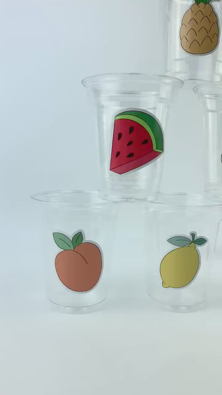 Fruit Theme Party Cups 24ct 12oz Clear Plastic Cups Summer Birthday Baby Shower Picnic Lemon Cherry Watermelon Peach Pineapple Banana Them