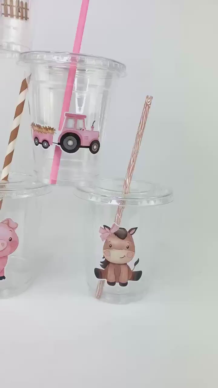 Pink Farm Party Cups - Barnyard Birthday Decorations, Girl Farm Party Supplies, Barnyard Baby Shower, Farm Favor Cups, Moo I'm Two Birthday