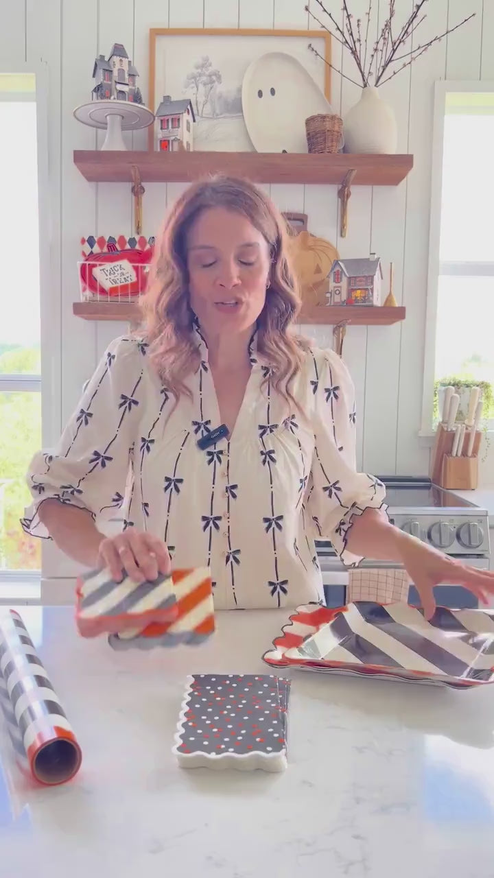 Halloween Guest Towel Napkins 24ct | Black Orange Polka Dot Scalloped Disposable Paper Napkins 7.5x4" | Halloween Party Supplies