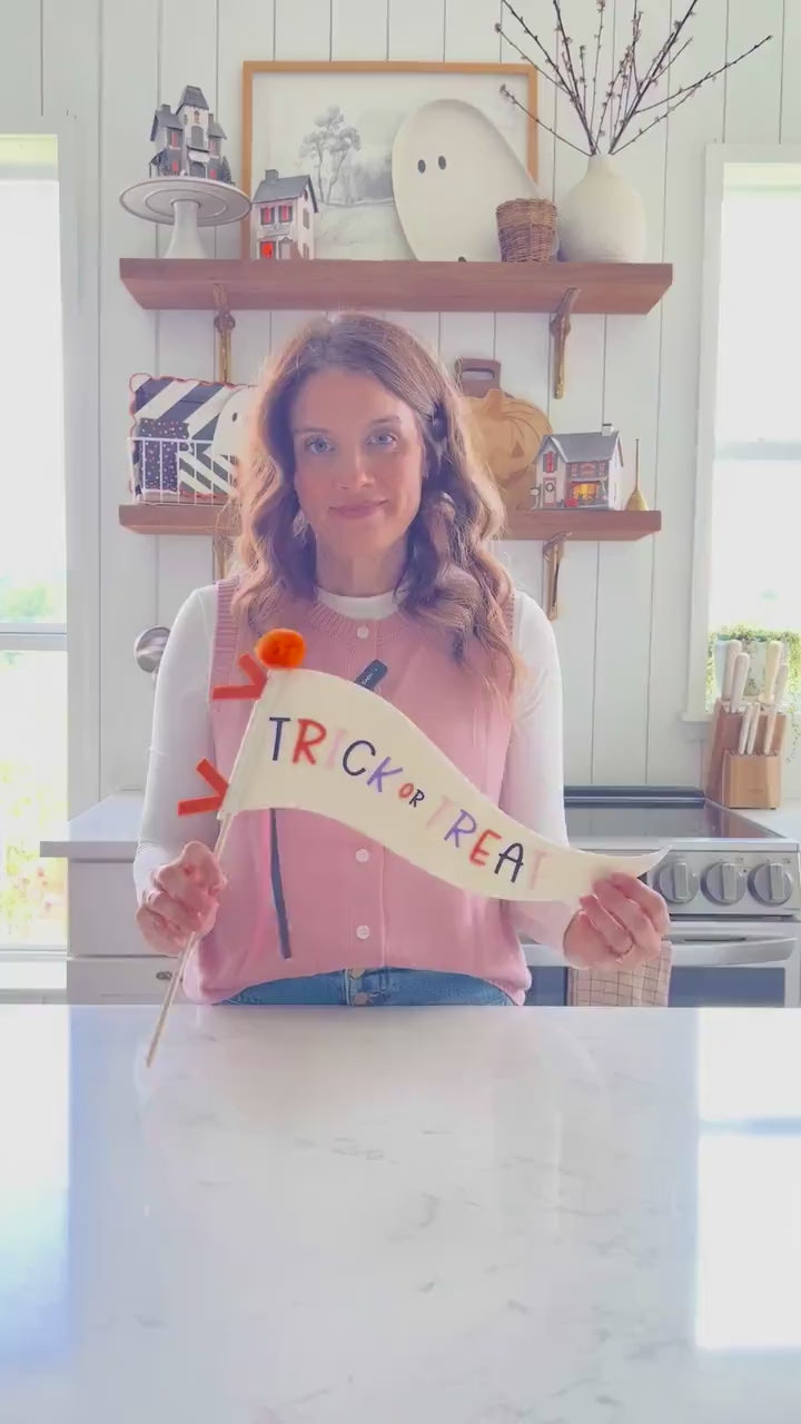 Trick or Treat Pennant Flag | Halloween Felt Banner with Pom Pom & Ribbon | Kids Halloween Party Decoration