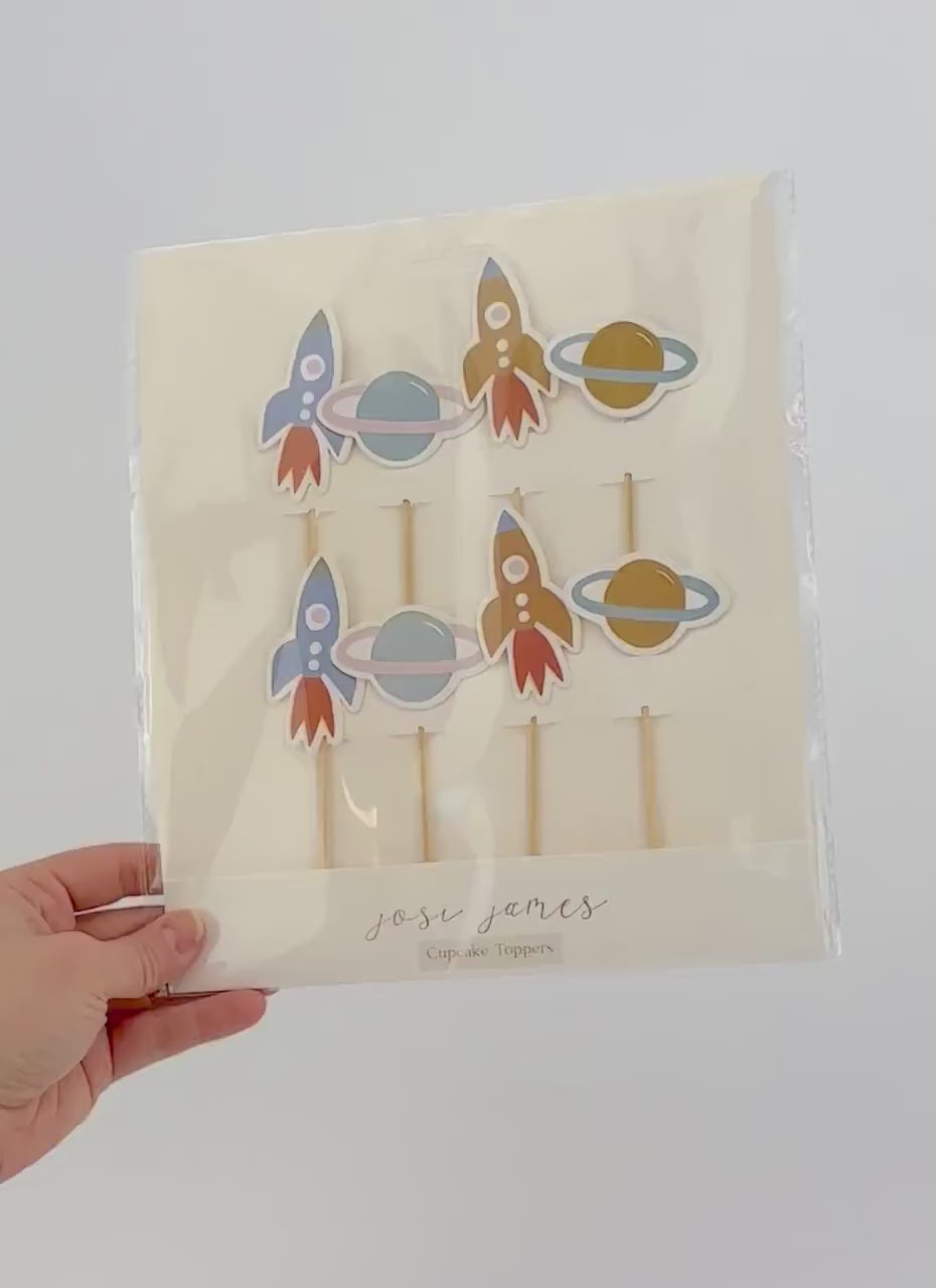 Rocket & Planet Cupcake Toppers 8ct - Space Birthday Decorations, Planet Party Supplies, Astronaut Baby Shower, Galaxy Birthday, Party Picks