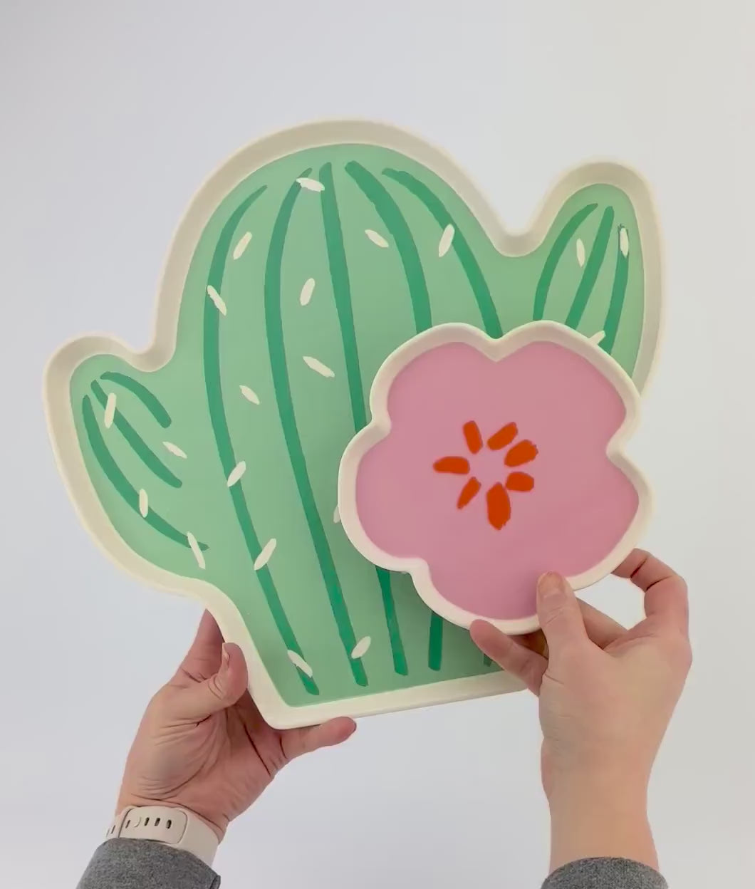 Cactus & Pink Flower Bamboo Tray Set - Serving Platter, Chip and Dip Tray, Floral Cactus Party, Fiesta Birthday Decor, Cactus Baby Shower