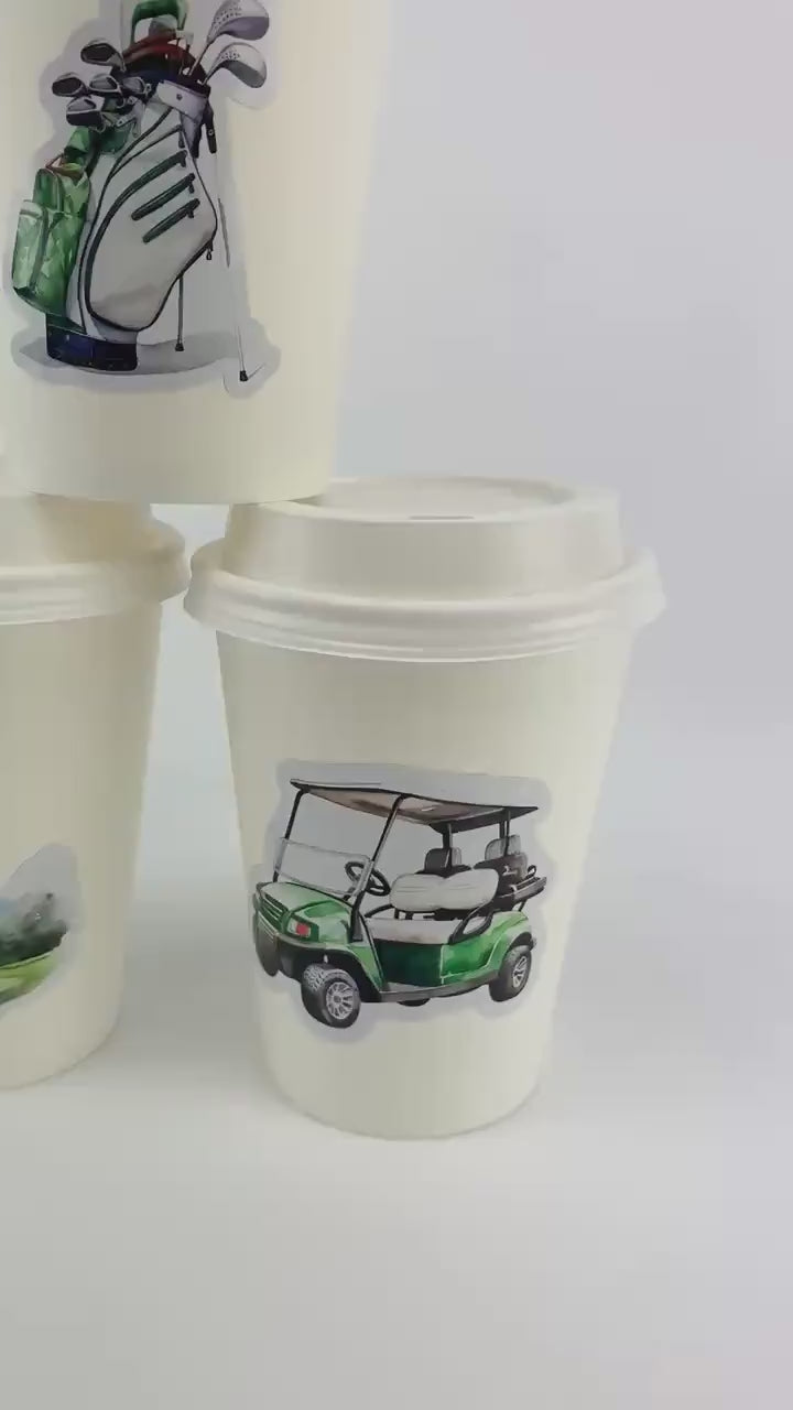 Golf Party Paper Cups with Lids & Stir Sticks - Golfing Birthday, Golf Theme Retirement, Golfer Cups, Hot Coffee Cups, Disposable Drink Cups