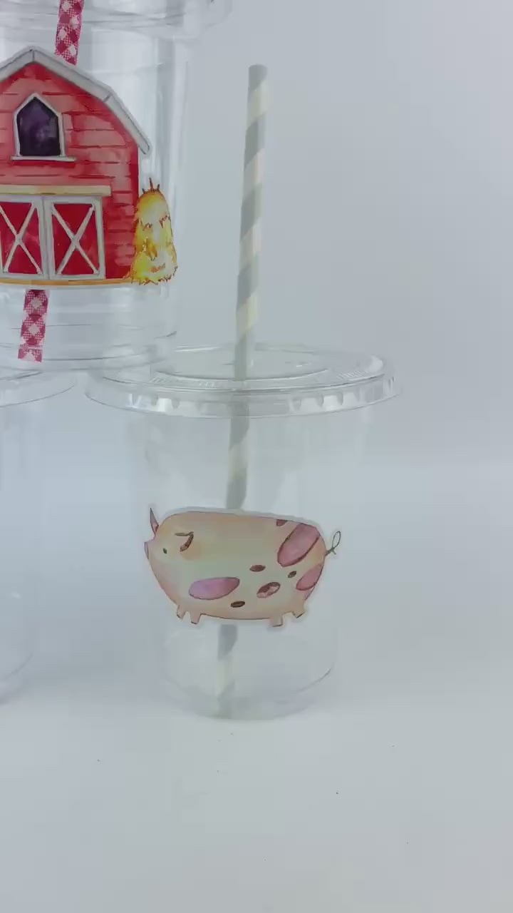 Farm Party Drink Cups 12ct - Red Barn Birthday, Farming Party Decorations, Farm Birthday Favor Cups, Farmer Baby Shower, Cups Lids Straws