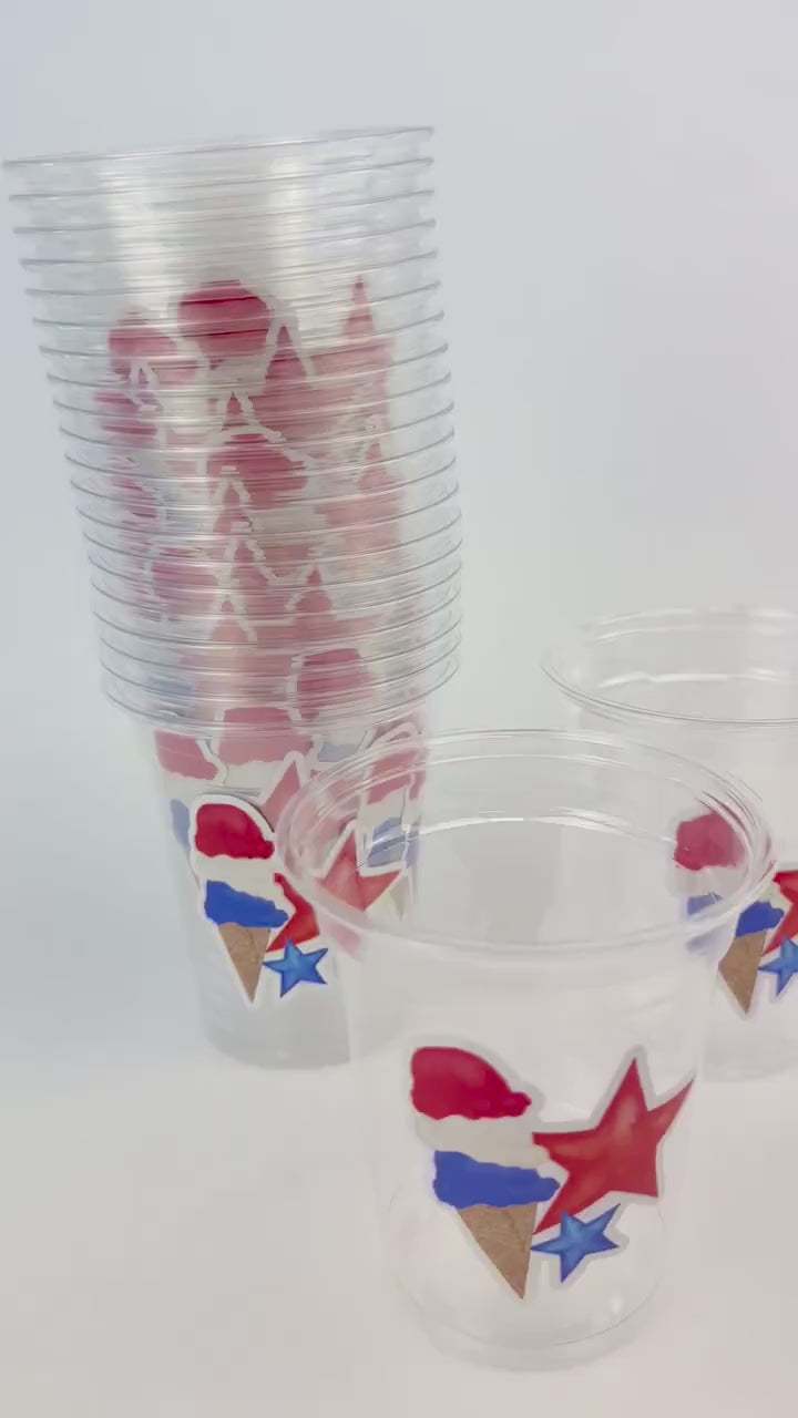 Patriotic Ice Cream Party Cups 24ct 12oz Clear Plastic Red White Blue Summer Birthday 4th of July Americana Theme Stars Independence Day