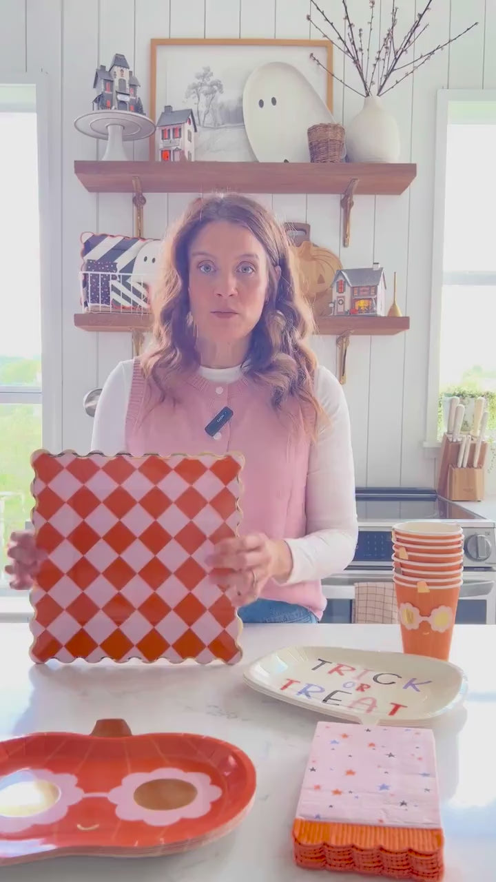 Pink and Orange Checkered Plates 8ct | Large 11" Square Dinner Plates with Gold Foil | Halloween, Birthday, Picnic & Fall Party Supplies