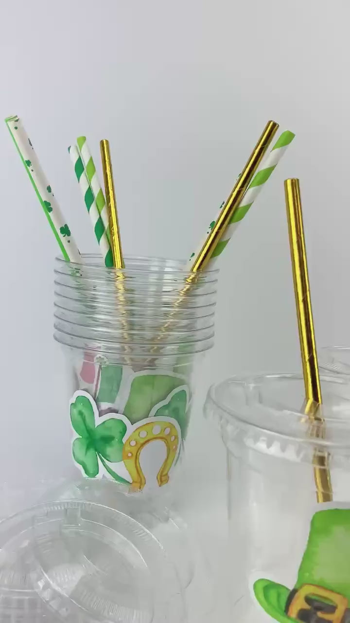 St Patricks Day Party Cups - Irish Party Favors, Plastic Disposable Cups Lids Straws, St Patty's Day Party, Pot of Gold Shamrock Leprechaun