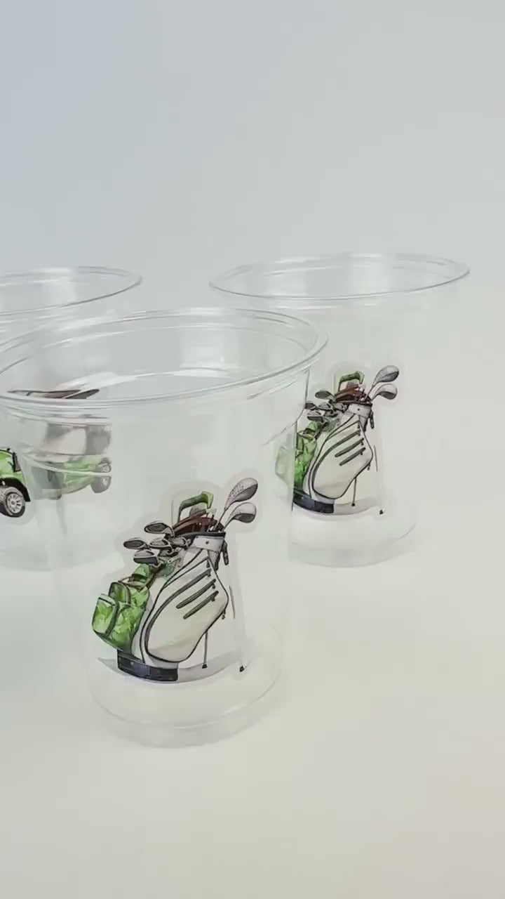 Golf Party Cups 24ct 12oz Clear Plastic Cups with Green Golf Cart & Bag, Golfing Birthday or Retirement Party Drinkware, Sports Theme Decor