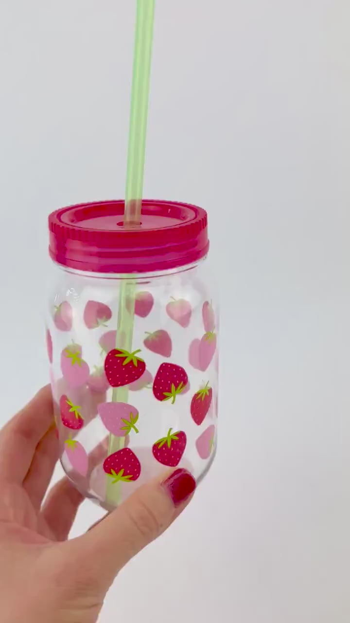 Strawberry Plastic Mason Jar Cup & Straw 1ct - 18.6oz Reusable Party Cup, Fruit Party Supplies, Berry First Birthday, Strawberry Party