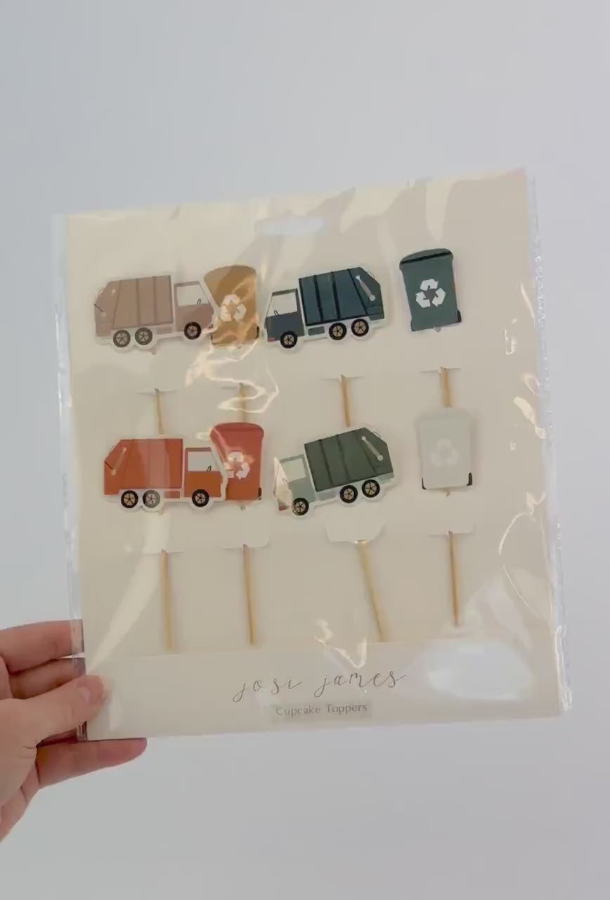 Garbage Party Cake Toppers 8ct - Garbage Truck Birthday Decoration, Trash Truck Party Supplies, Waste Management, Transportation Party Picks