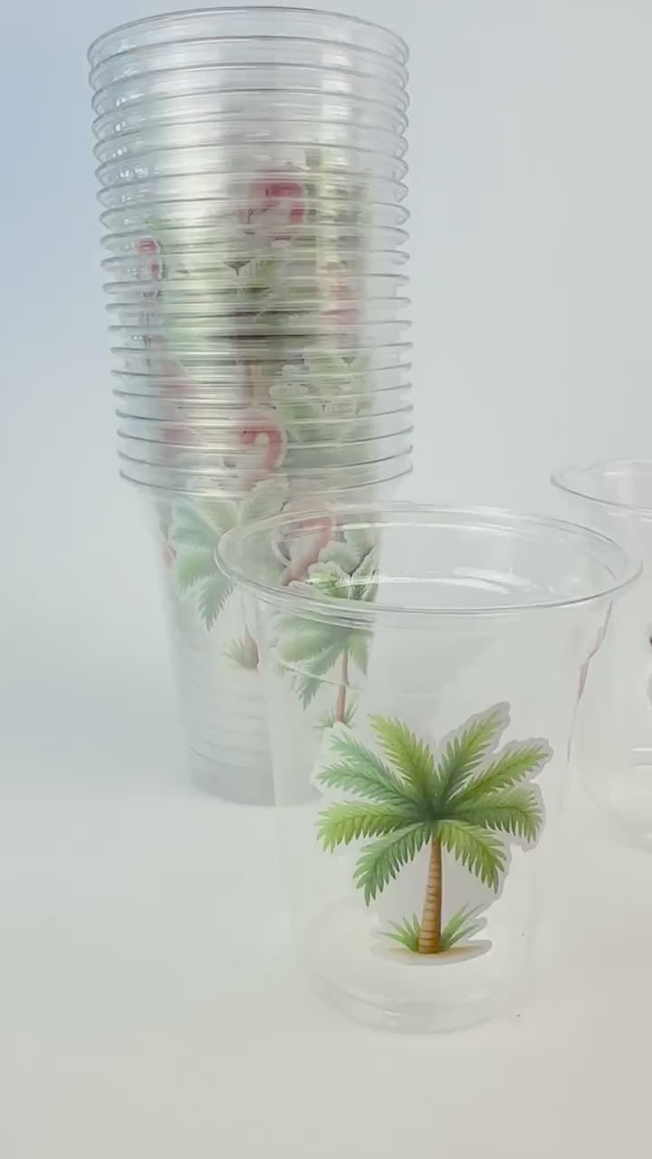 Tropical Flamingo Palm Tree Party Cups – 12oz Clear Plastic, 24ct – Summer Luau Beach Pool Party Aloha Baby Shower Girl Birthday Decor