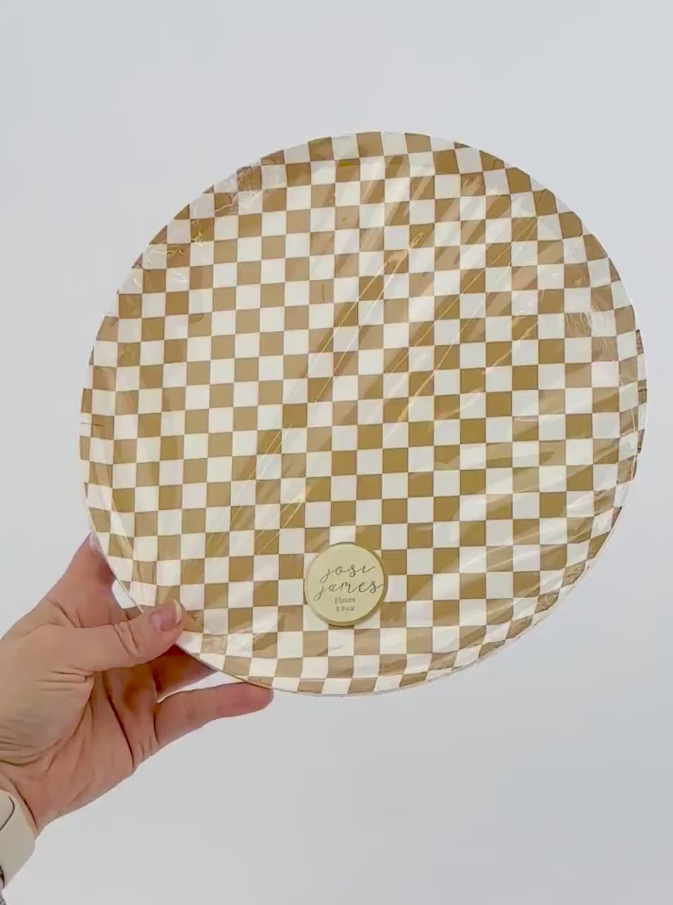 Gold Checkered Party Plates 8ct - Disposable Large Paper Plates, Gold Birthday Plates, Western Party Supplies, Safari Party Decorations