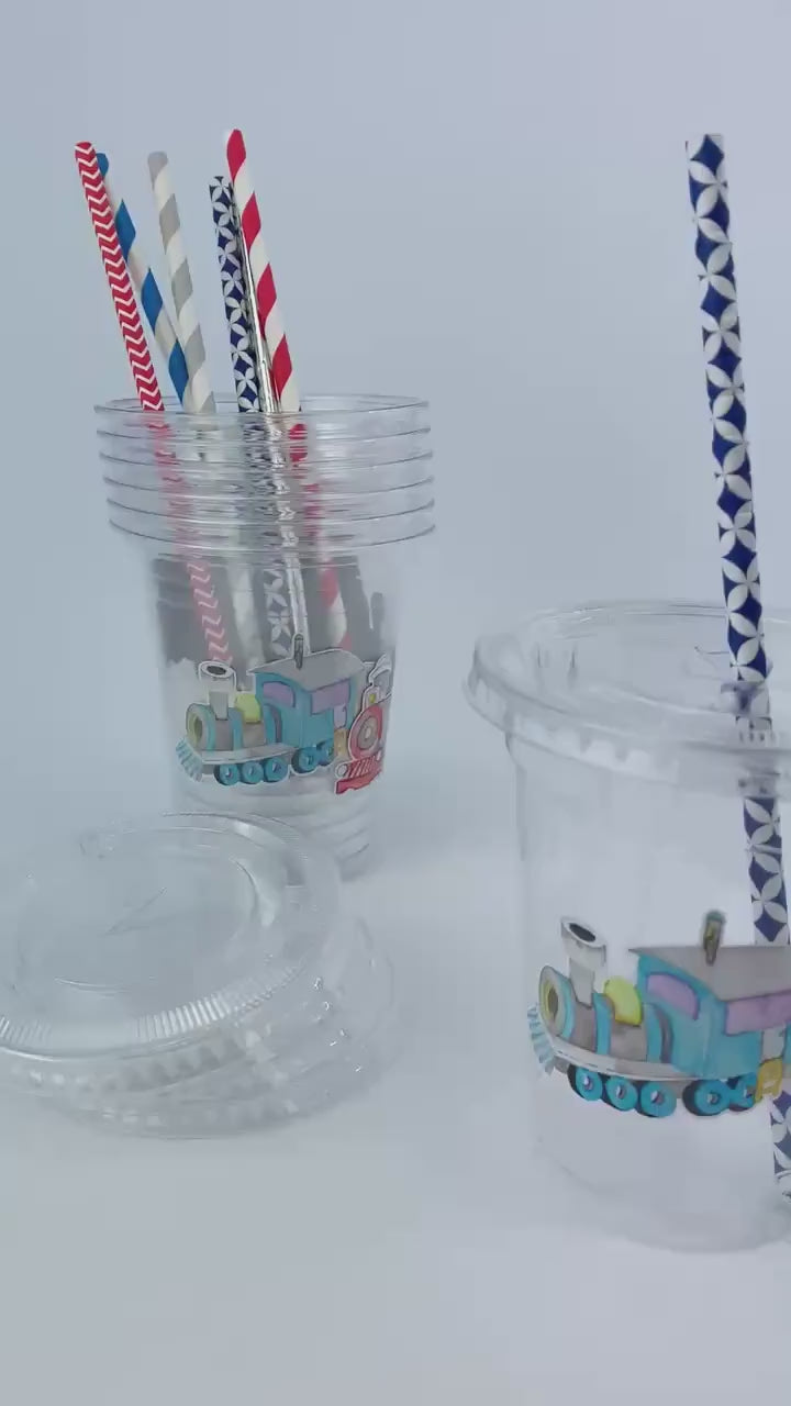 Train Party Cups 12ct - Plastic Drink Cups, Train Birthday Decorations, Locomotive Birthday, All Aboard Birthday, Party Favor Cups