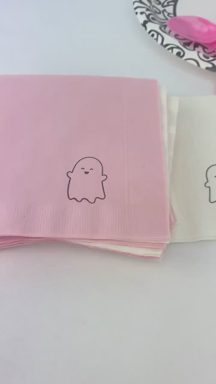 Pink & White Ghost Party Napkins 24ct - Ghoulish Birthday, Boo Baby Shower, Pink Ghost Party, Spooky Halloween Party Supplies, Paper Napkins