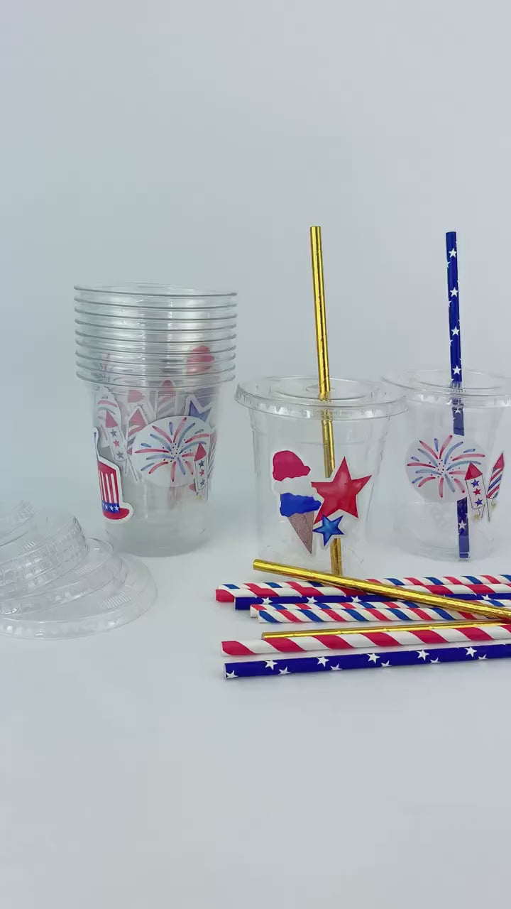 Patriotic Party Cups, Disposable Plastic Cups, 4th of July Party, Independence Day, Stars & Stripes Birthday Cups, Party Favor Containers