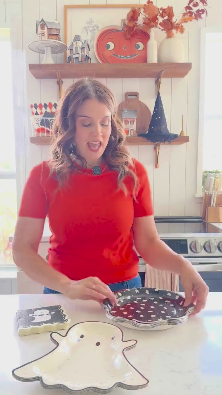 Halloween Ghost Paper Plates 8ct | 9.75" Black & White Boo Plates with Foil | Spooky Party Supplies for Kids Halloween | Boo Birthday Party