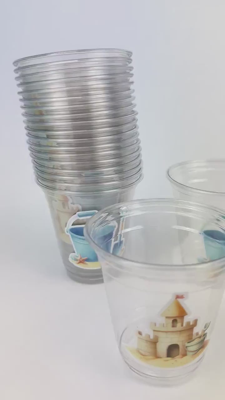 Kids Beach Party Cups 24ct – 12oz Plastic Cups Sandcastle Shovel Snorkel Splish Splash Summer Birthday Kids Pool Party Coastal Theme Party